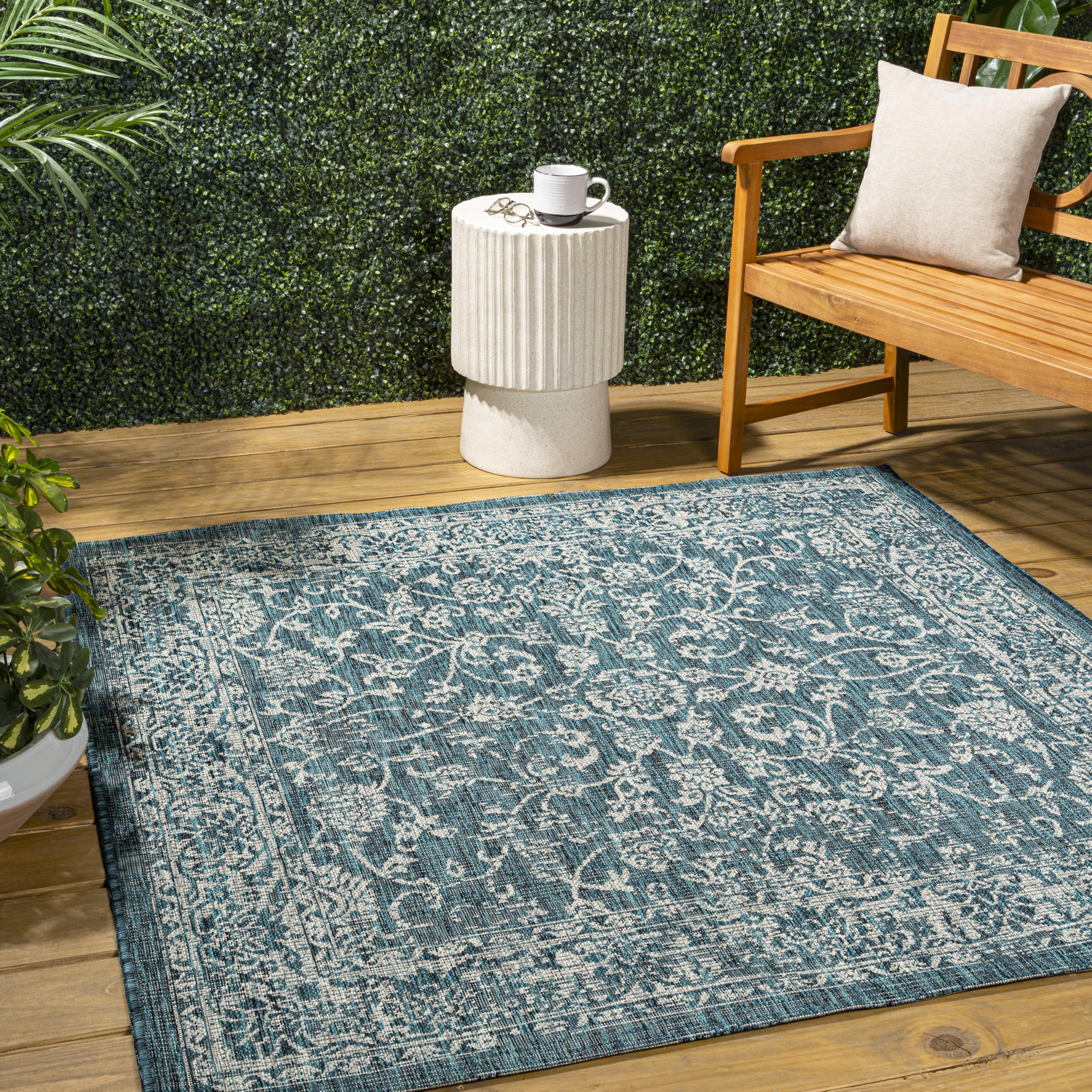 JONATHAN Y SMB100C-8SQ Tela Bohemian Textured Weave Floral Teal/Gray 8 Square Indoor/Outdoor Area Rug, Pet Friendly, Non-Sheddi