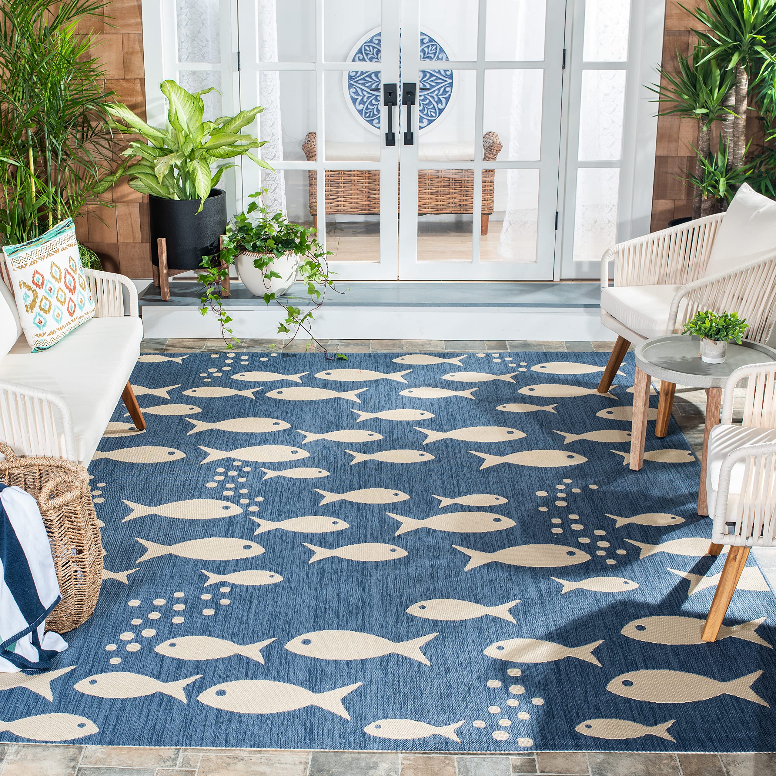 SAFAVIEH Courtyard Collection 71 Square Blue/Beige CY6012 Indoor/ Outdoor Waterproof Easy Cleaning Patio Backyard Mudroom Area 