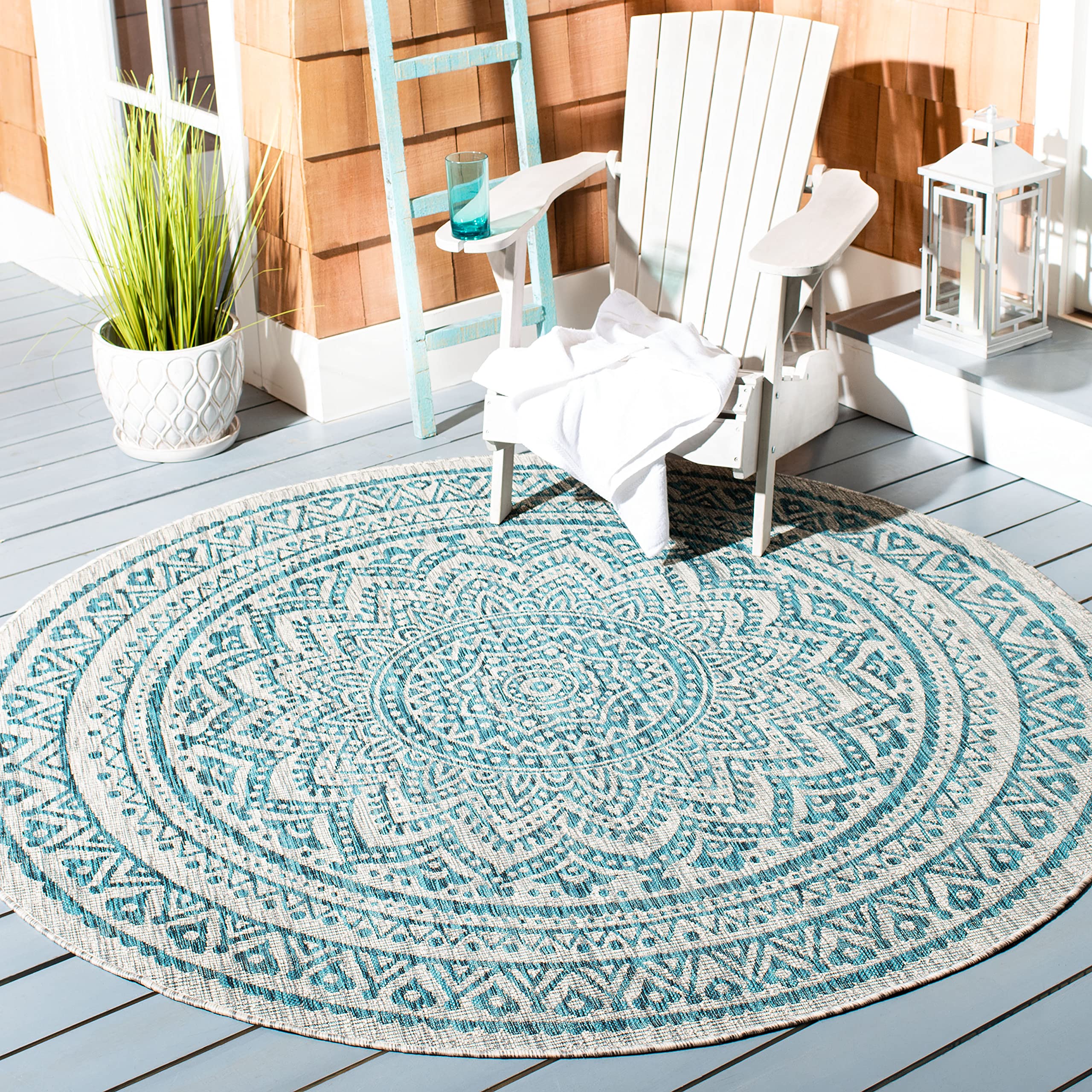 SAFAVIEH Courtyard Collection 80.4 x 80.4 Grey / Teal CY8734 Indoor-Outdoor Waterproof Easy-Cleaning Patio Backyard Mudroom Area
