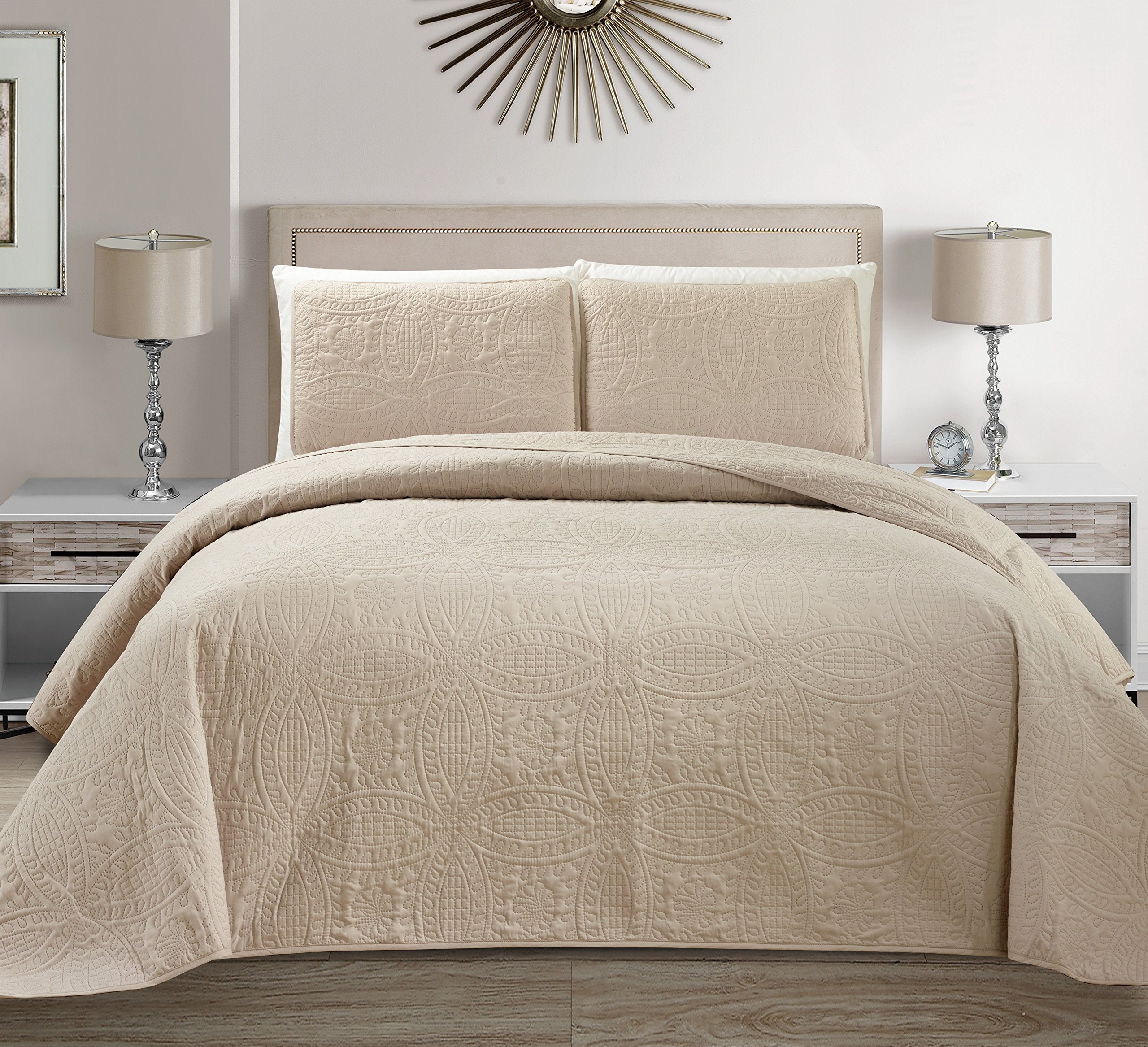 MK Home Mk Collection Solid Embossed Bedspread Bed Cover Over Size (Beige, King/California King)