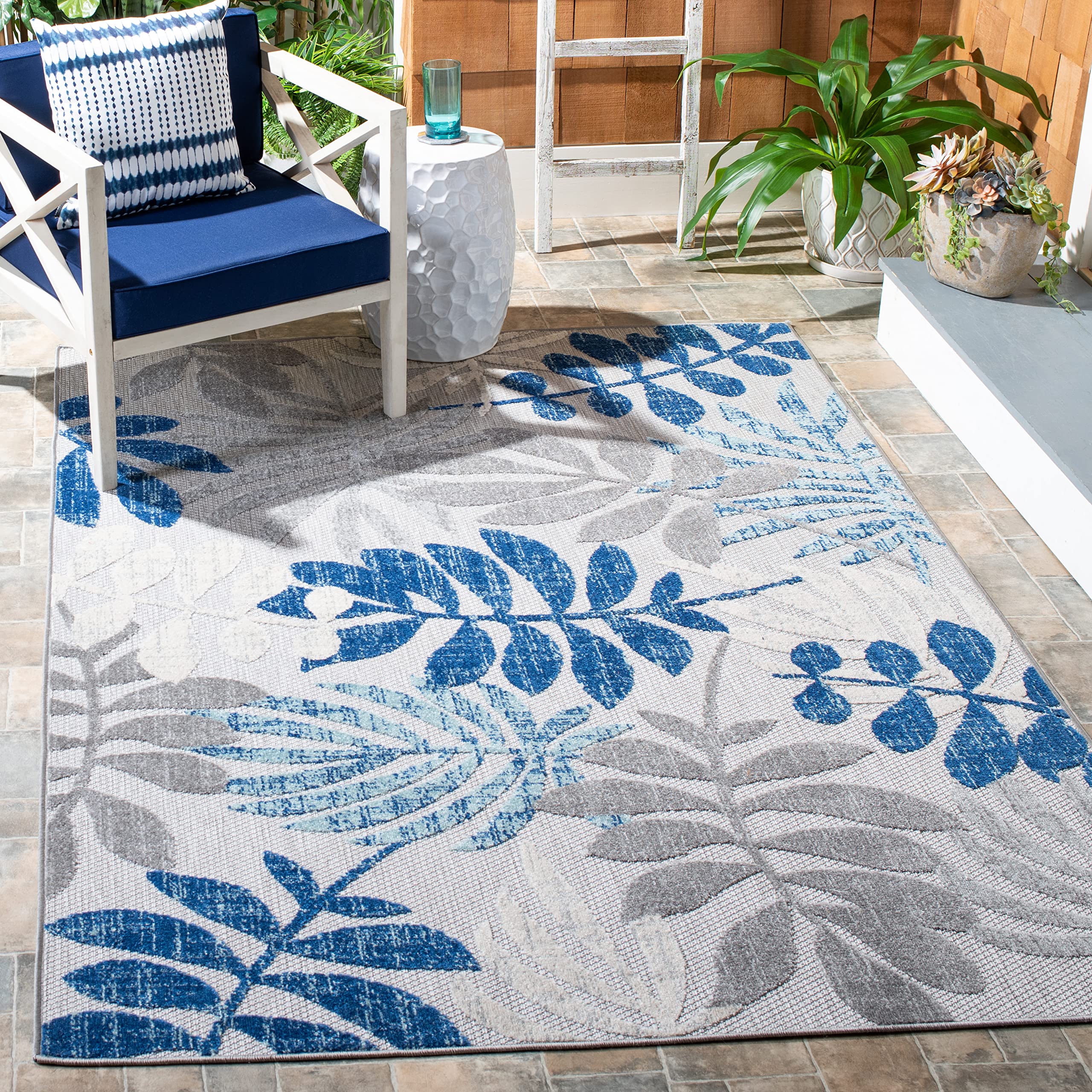 SAFAVIEH Cabana Collection 4 x 6 Grey/Blue CBN814F Botanical Indoor/ Outdoor Non-Shedding Easy Cleaning Patio Backyard Porch D