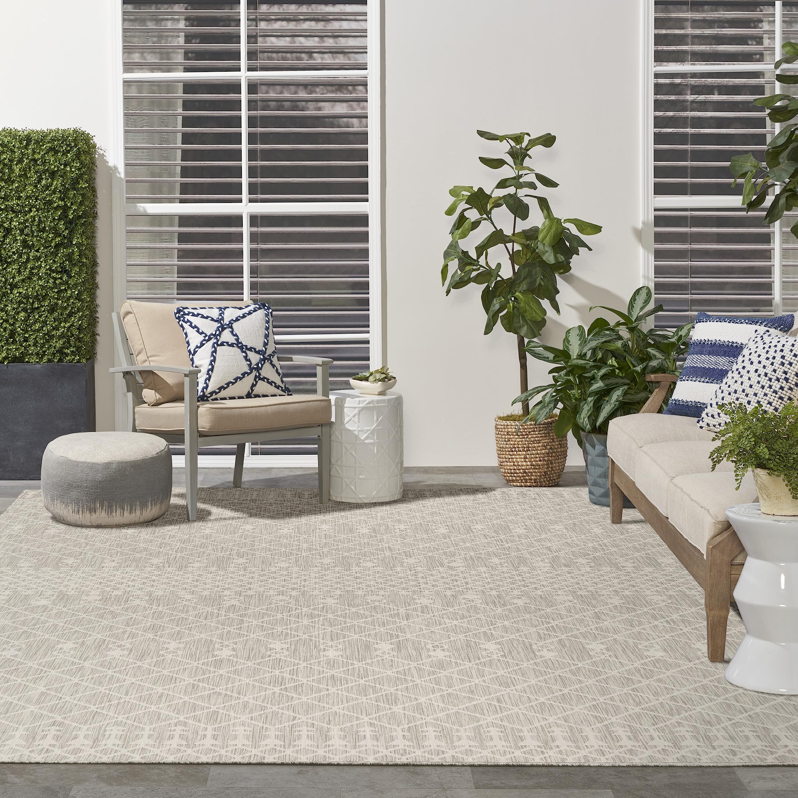 Nourison Positano Indoor/Outdoor Light Grey 9 x 12 Area Rug, Easy Cleaning, Non Shedding, Bed Room, Living Room, Dining Room, 