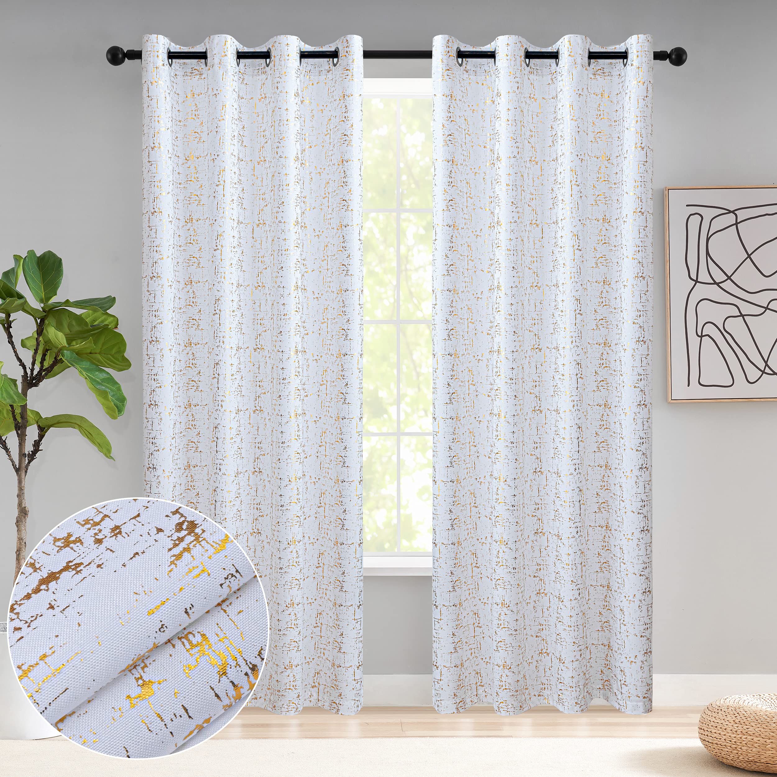 Taisier Home Gold Foil Print Linen Textured Curtains Geometric Dots Pattern Design Curtains for Bedroom Living Room Thermal Insu