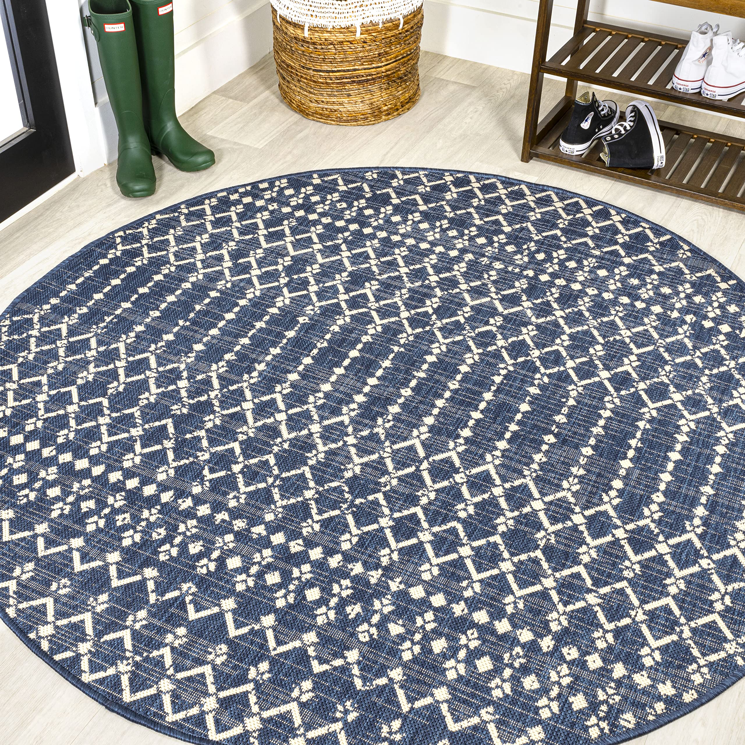 JONATHAN Y SMB108K-8R Ourika Moroccan Geometric Textured Weave Navy/Beige 8 Round Indoor/Outdoor Area Rug, Pet Friendly, Non-Sh