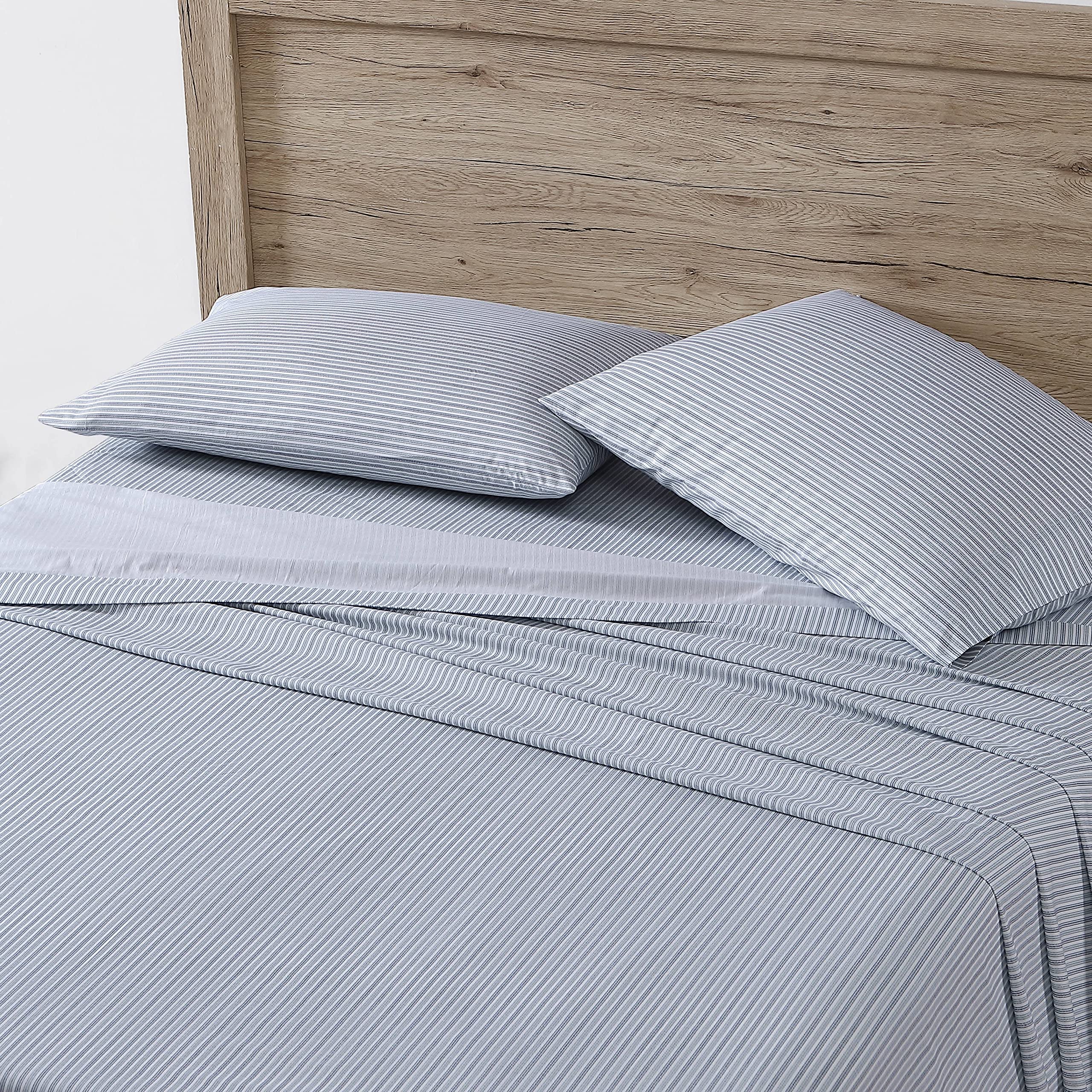 Eddie Bauer Sheets Cotton Percale Bedding Set, Crisp & Cool, Stylish Home Decor, Full, Ticking Stripe Blue/White