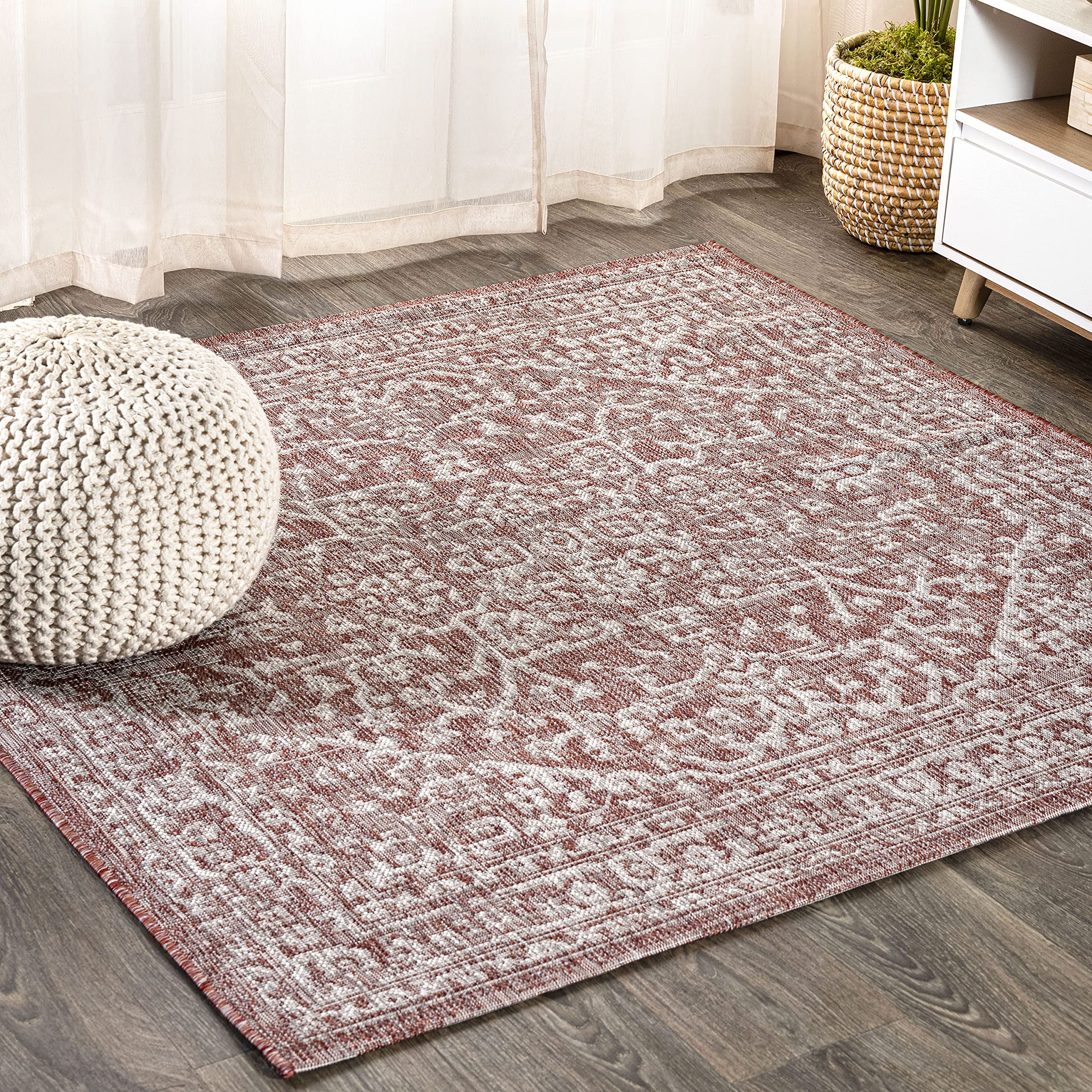 JONATHAN Y SMB104A-9SQ Malta Bohemian Medallion Textured Weave Red/Taupe 9 Square Indoor/Outdoor Area Rug, Pet Friendly, Non-Sh