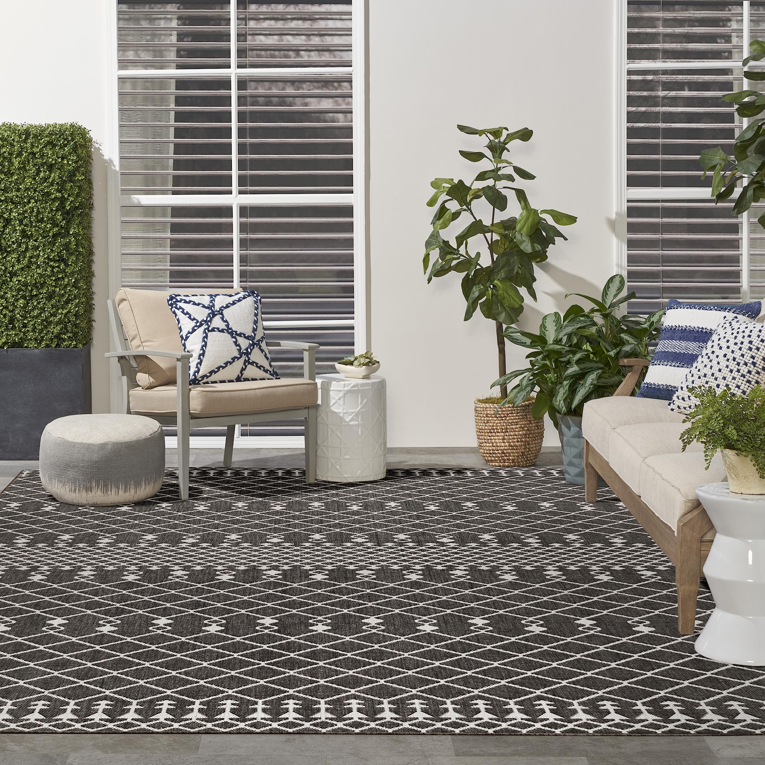 Nourison Positano Indoor/Outdoor Black 9 x 12 Area Rug, Easy Cleaning, Non Shedding, Bed Room, Living Room, Dining Room, Backy