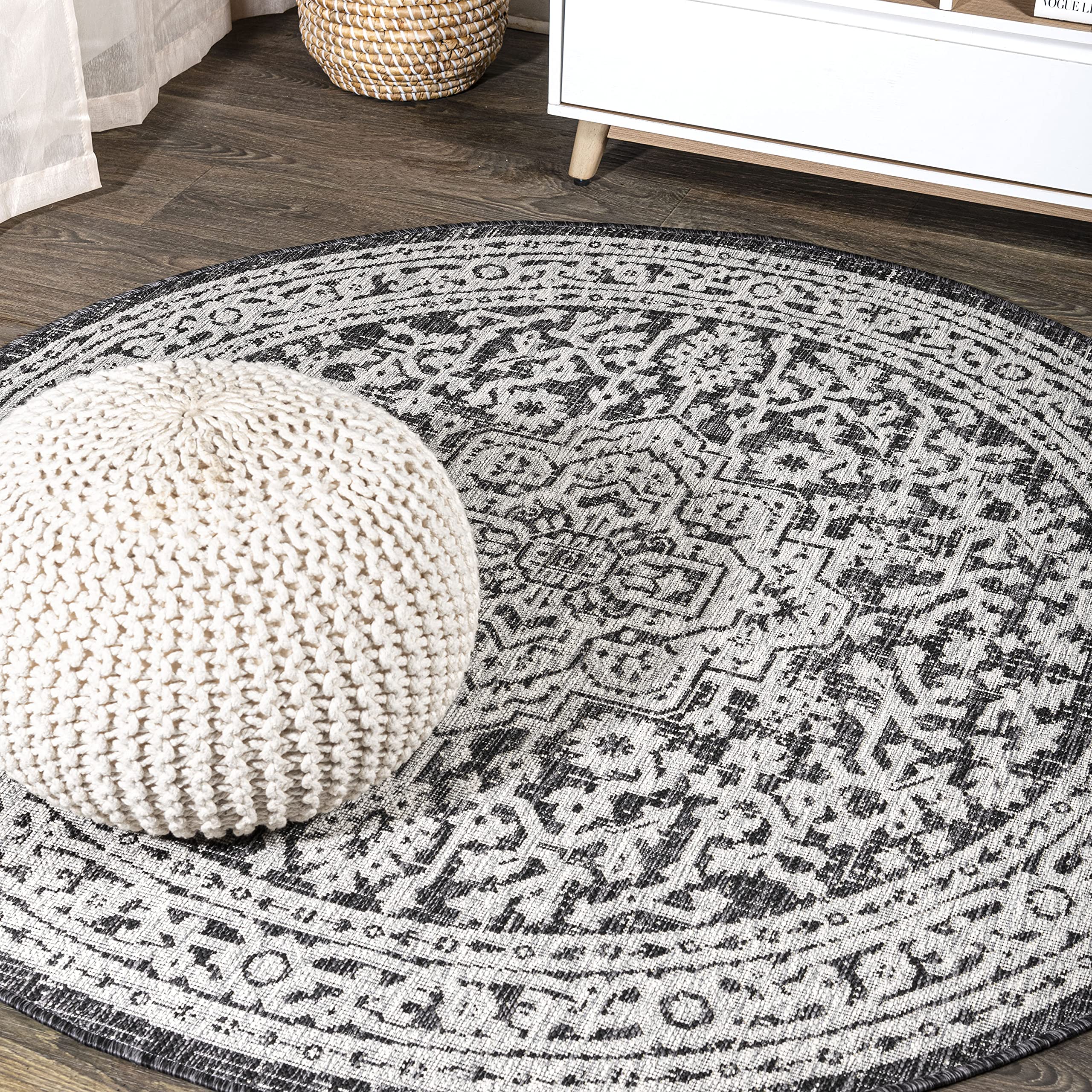 JONATHAN Y SMB101D-6R Sinjuri Medallion Textured Weave Gray/Black 6 Round Indoor/Outdoor Area Rug, Pet Friendly, Non-Shedding, 