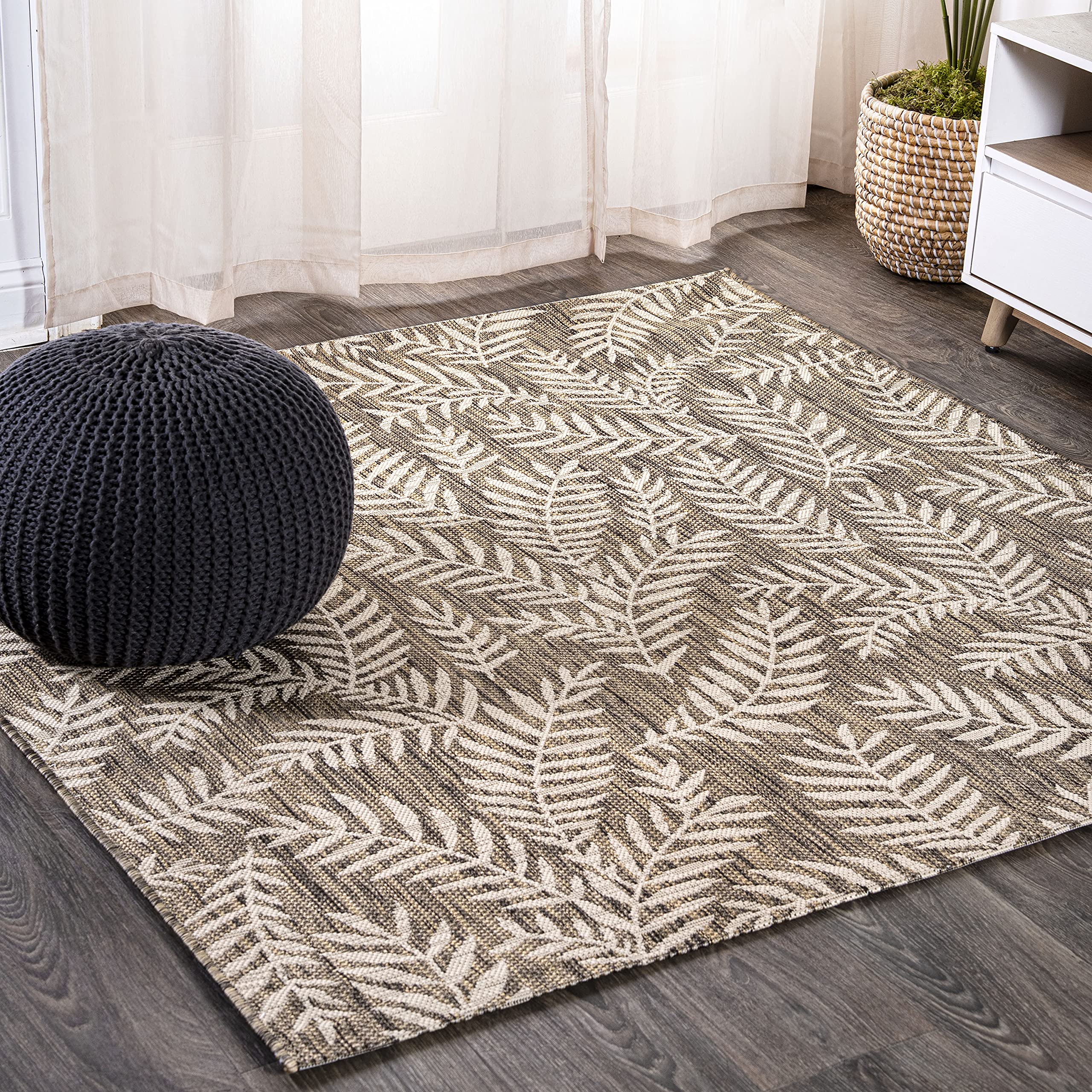 JONATHAN Y SMB119A-4SQ Nevis Palm Frond Brown/Beige 4 Square Indoor/Outdoor Area Rug, Pet Friendly, Non-Shedding, Stain Resista