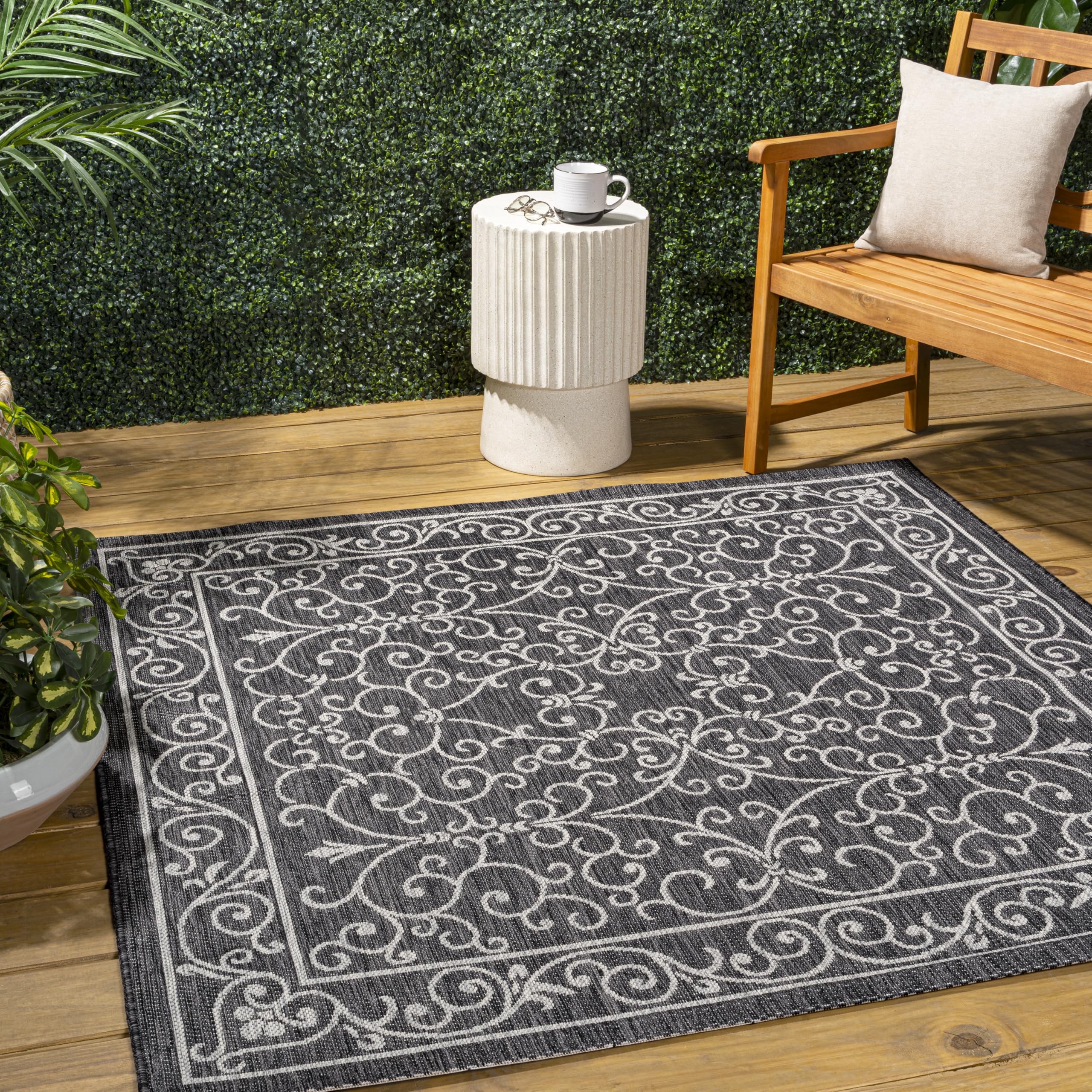 JONATHAN Y SMB106G-8SQ Charleston Vintage Filigree Textured Weave Black/Gray 8 Square Indoor/Outdoor Area Rug, Pet Friendly, No