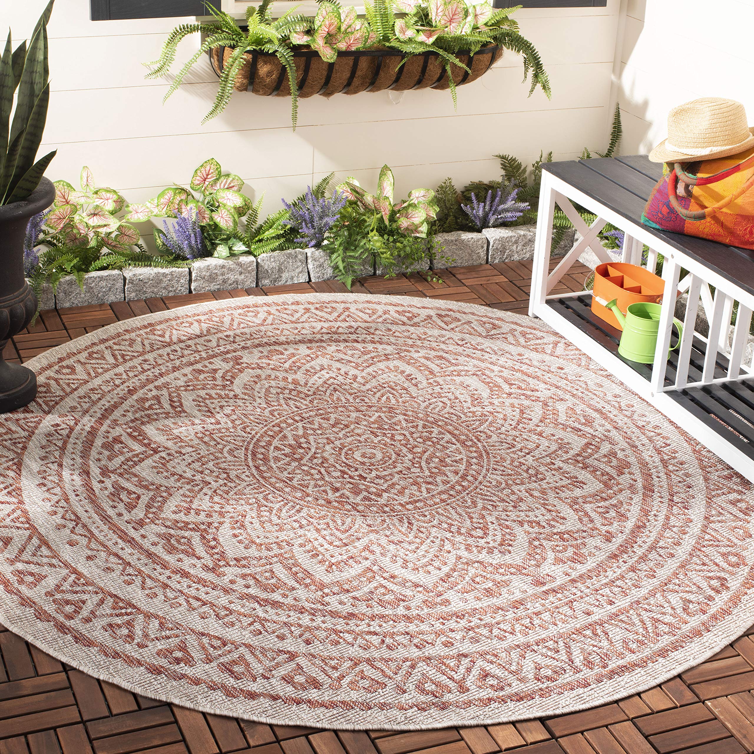 SAFAVIEH Courtyard Collection 710 Round Light Beige/Terracotta CY8734 Indoor/ Outdoor Waterproof Easy Cleaning Patio Backyard M