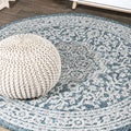 JONATHAN Y SMB101C-8R Sinjuri Medallion Textured Weave Teal Blue/Gray 8 Round Indoor/Outdoor Area Rug, Pet Friendly, Non-Sheddi