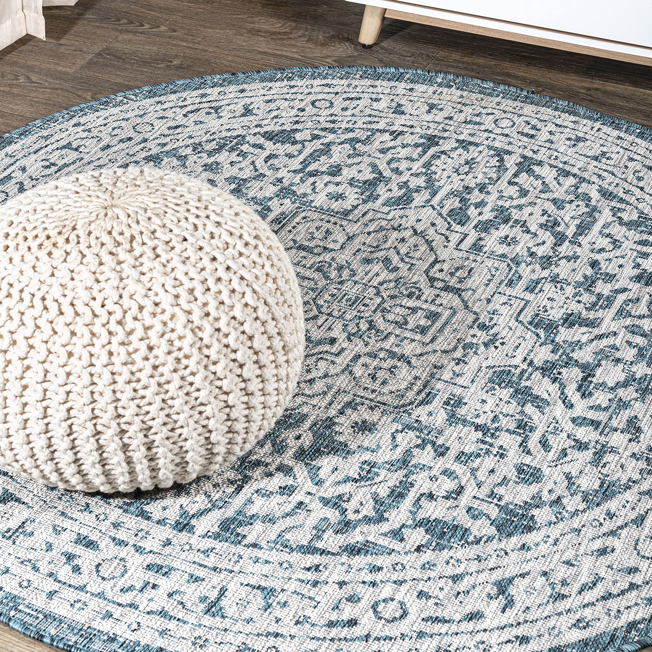 JONATHAN Y SMB101C-8R Sinjuri Medallion Textured Weave Teal Blue/Gray 8 Round Indoor/Outdoor Area Rug, Pet Friendly, Non-Sheddi