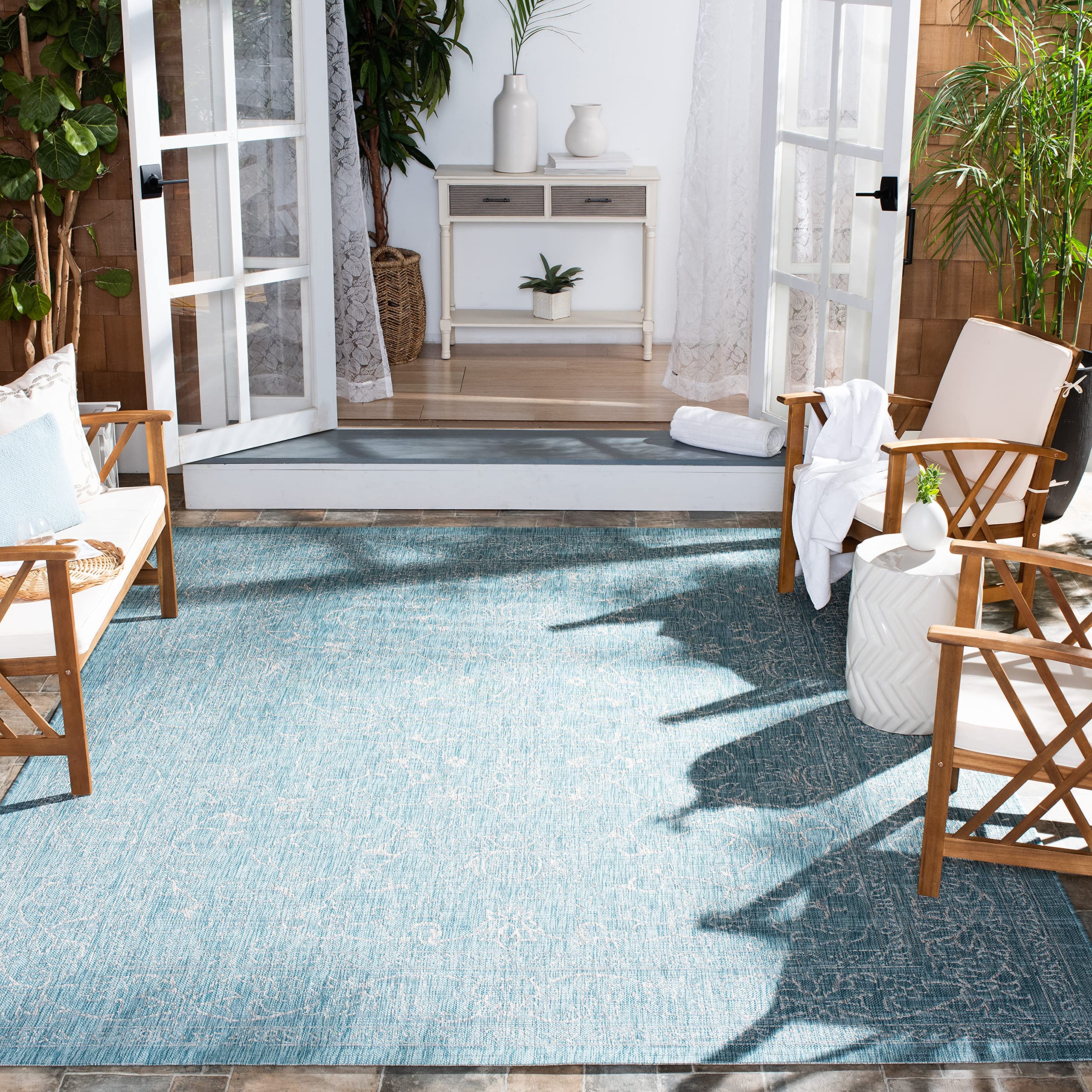 SAFAVIEH Courtyard Collection Area Rug - 9 x 12, Aqua & Grey, Non-Shedding & Easy Care, Indoor/Outdoor & Washable-Ideal for Pa