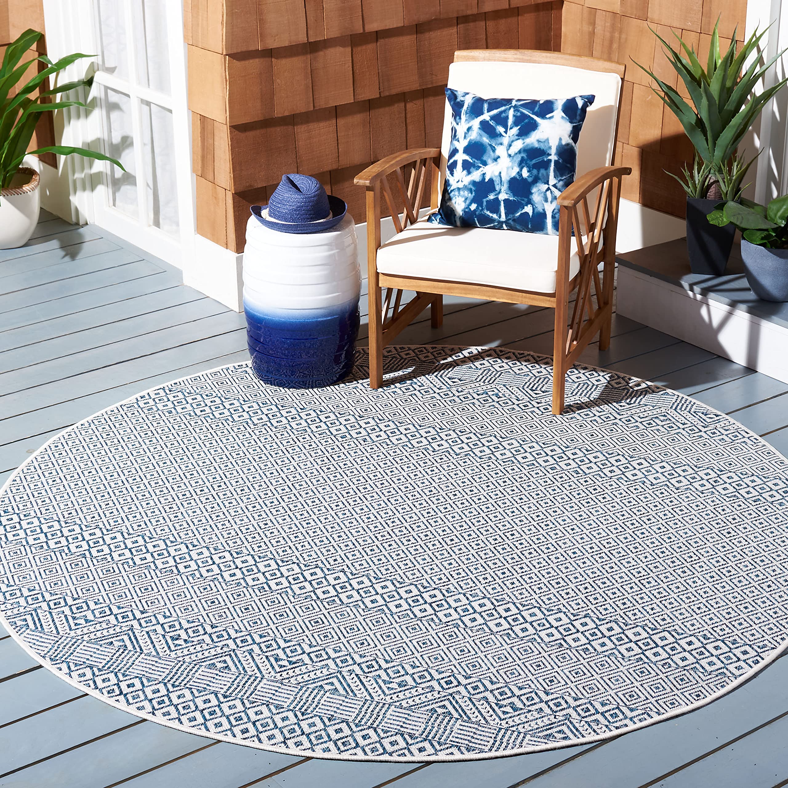 SAFAVIEH Courtyard Collection 53 Round Blue/Navy CY8235 Indoor/ Outside Waterproof Easy cleansingPatio Backyard Mudroom Area Ma
