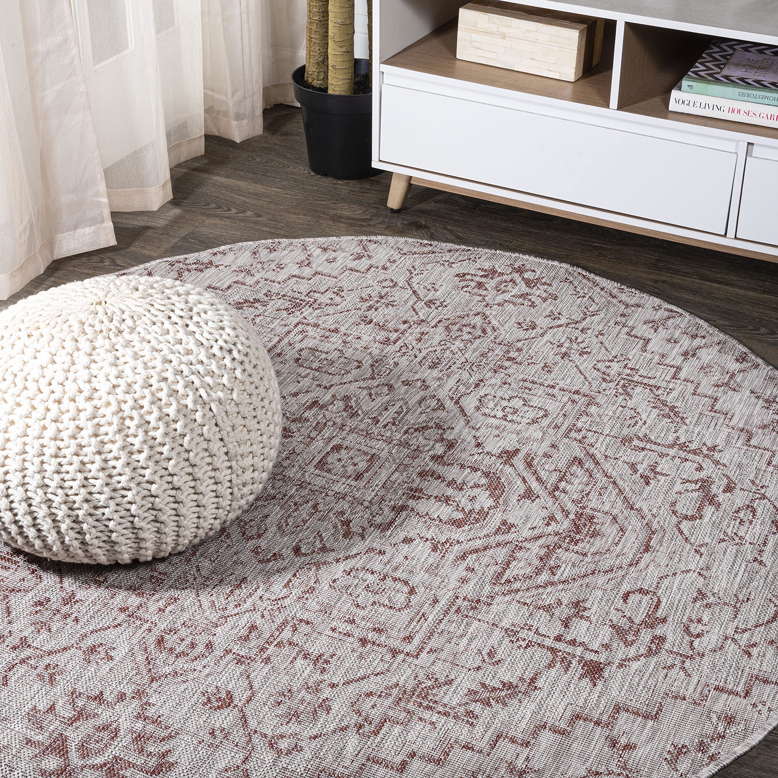 JONATHAN Y SMB105A-4R Estrella Bohemian Medallion Textured Weave Red/Taupe 4 Round Indoor/Outdoor Area Rug, Pet Friendly, Non-S