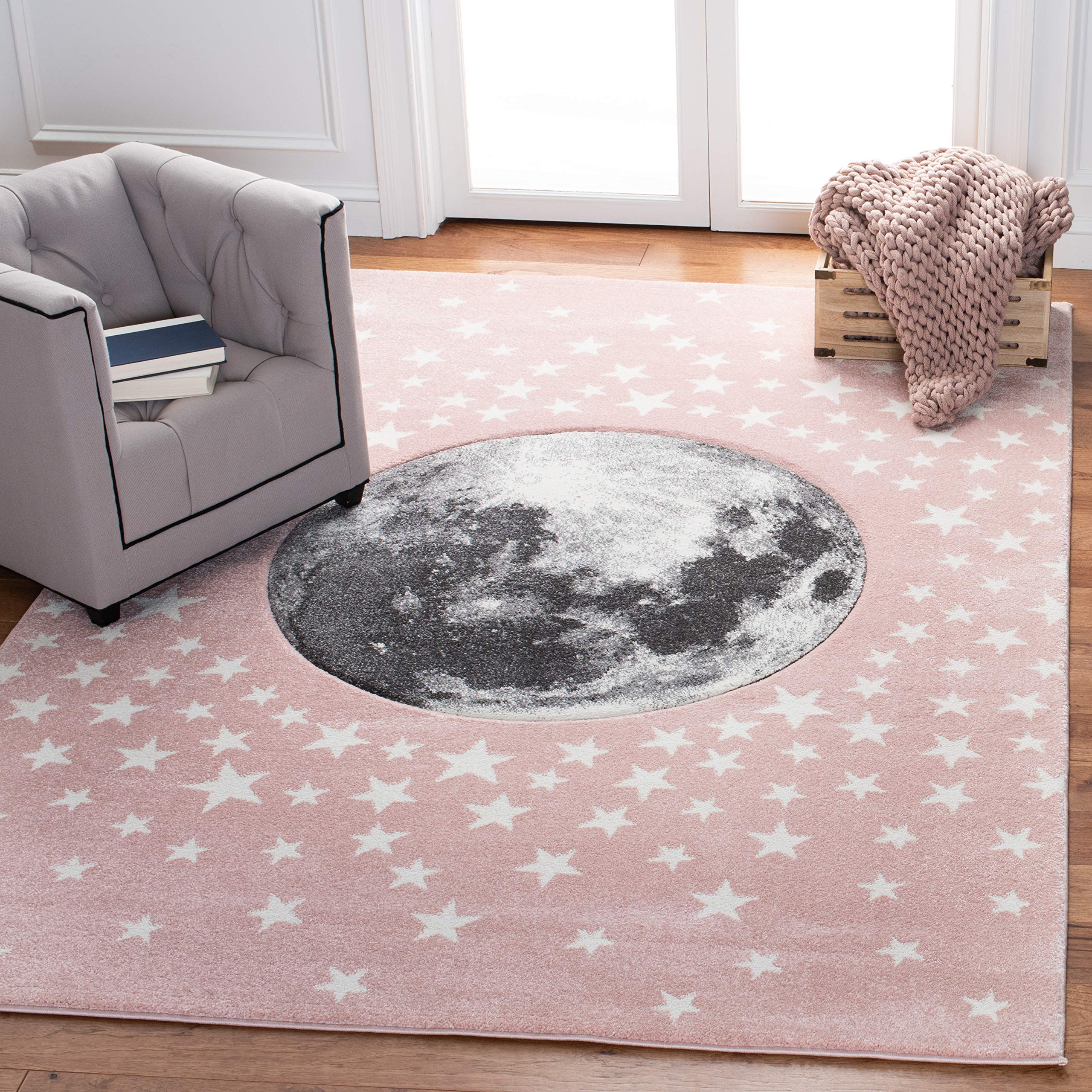 SAFAVIEH Carousel Kids Collection Area Rug - 53 Square, Pink & Grey, Non-Shedding & Easy Care, Ideal for High Traffic Areas for