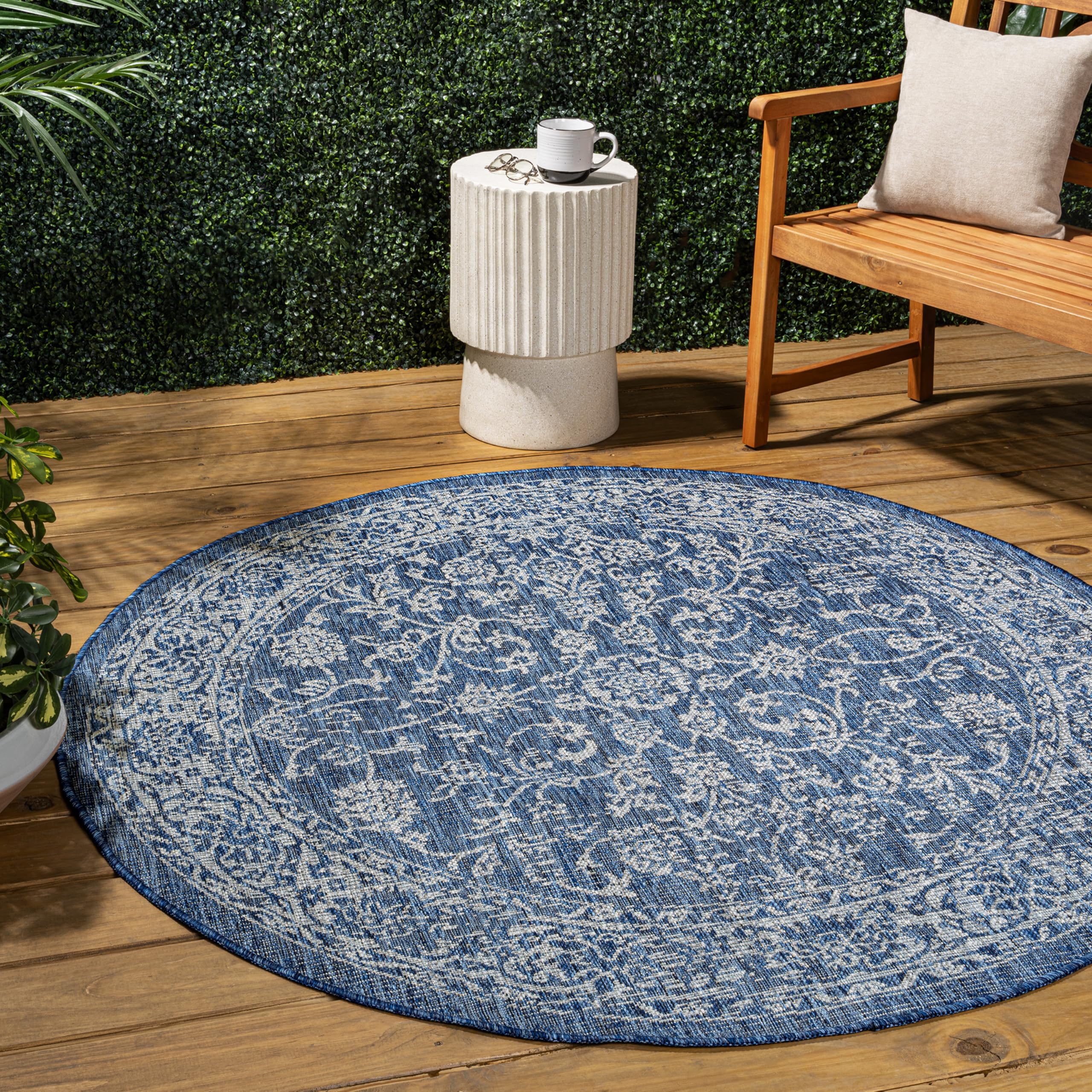 JONATHAN Y SMB100B-5R Tela Bohemian Textured Weave Floral Navy/Gray 5 Round Indoor/Outdoor Area Rug, Pet Friendly, Non-Shedding