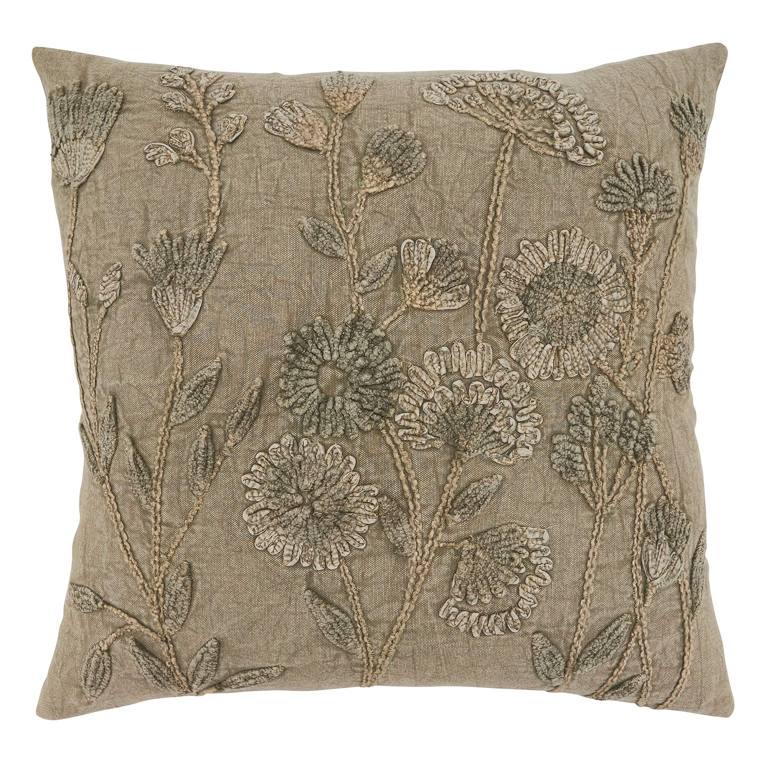 SARO LIFESTYLE Genevieve Collection Stone Washed Floral Pillow Cover, 20, Taupe