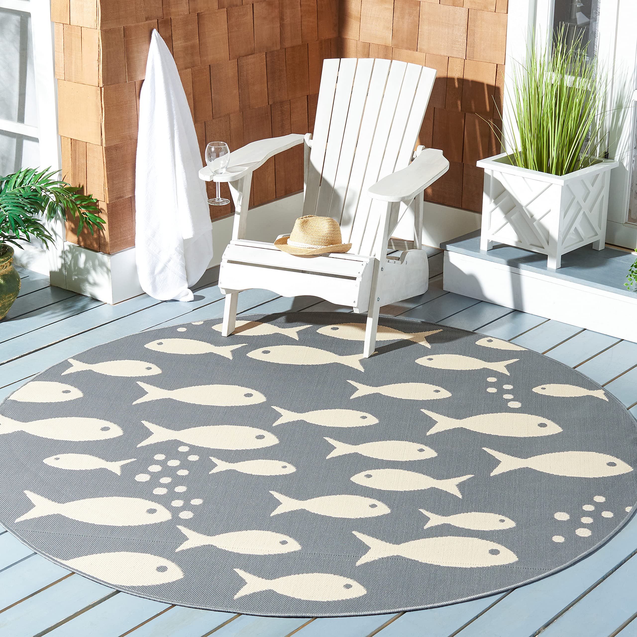 SAFAVIEH Courtyard Collection 53 Round Dark Grey/Beige CY6012 Indoor/ Outdoor Waterproof Easy Cleaning Patio Backyard Mudroom A