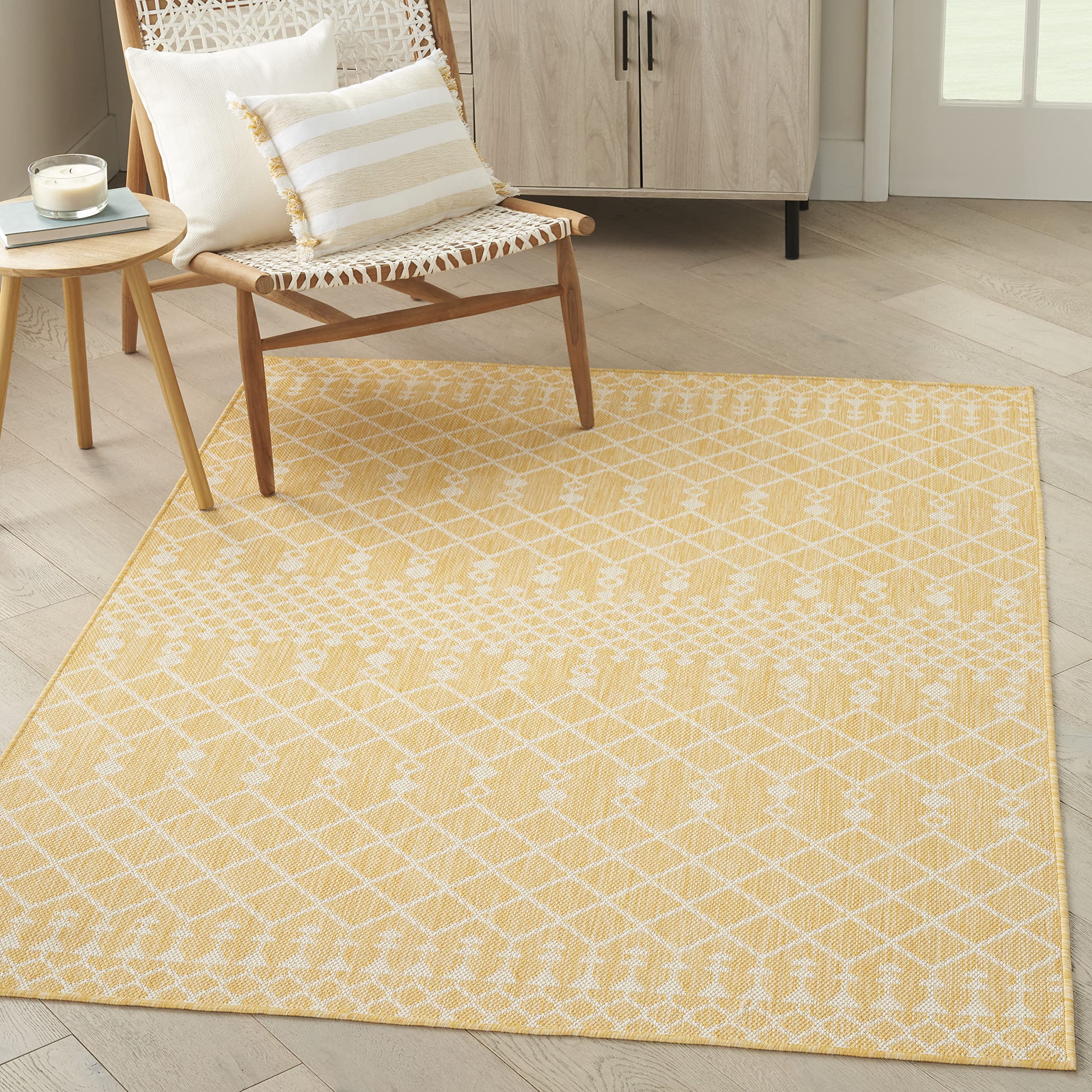 Nourison Positano Indoor/Outdoor Yellow 7 x 10 Area Rug, Easy Cleaning, Non Shedding, Bed Room, Living Room, Dining Room, Deck