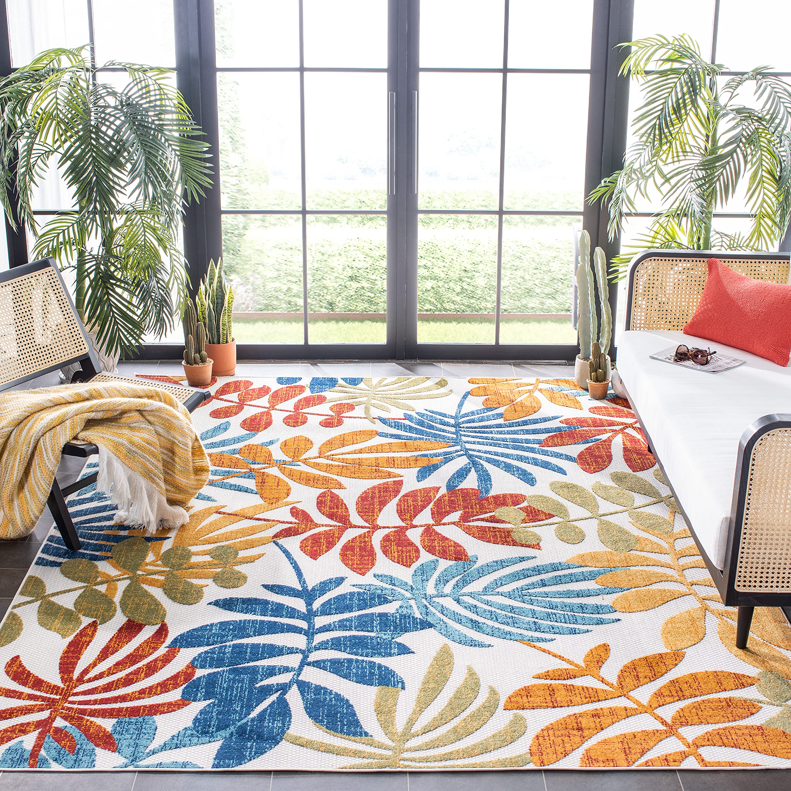 SAFAVIEH Cabana Collection Area Rug - 8 Square, Creme & Red, Botanical Design, Non-Shedding & Easy Care, Indoor/Outdoor & Washa