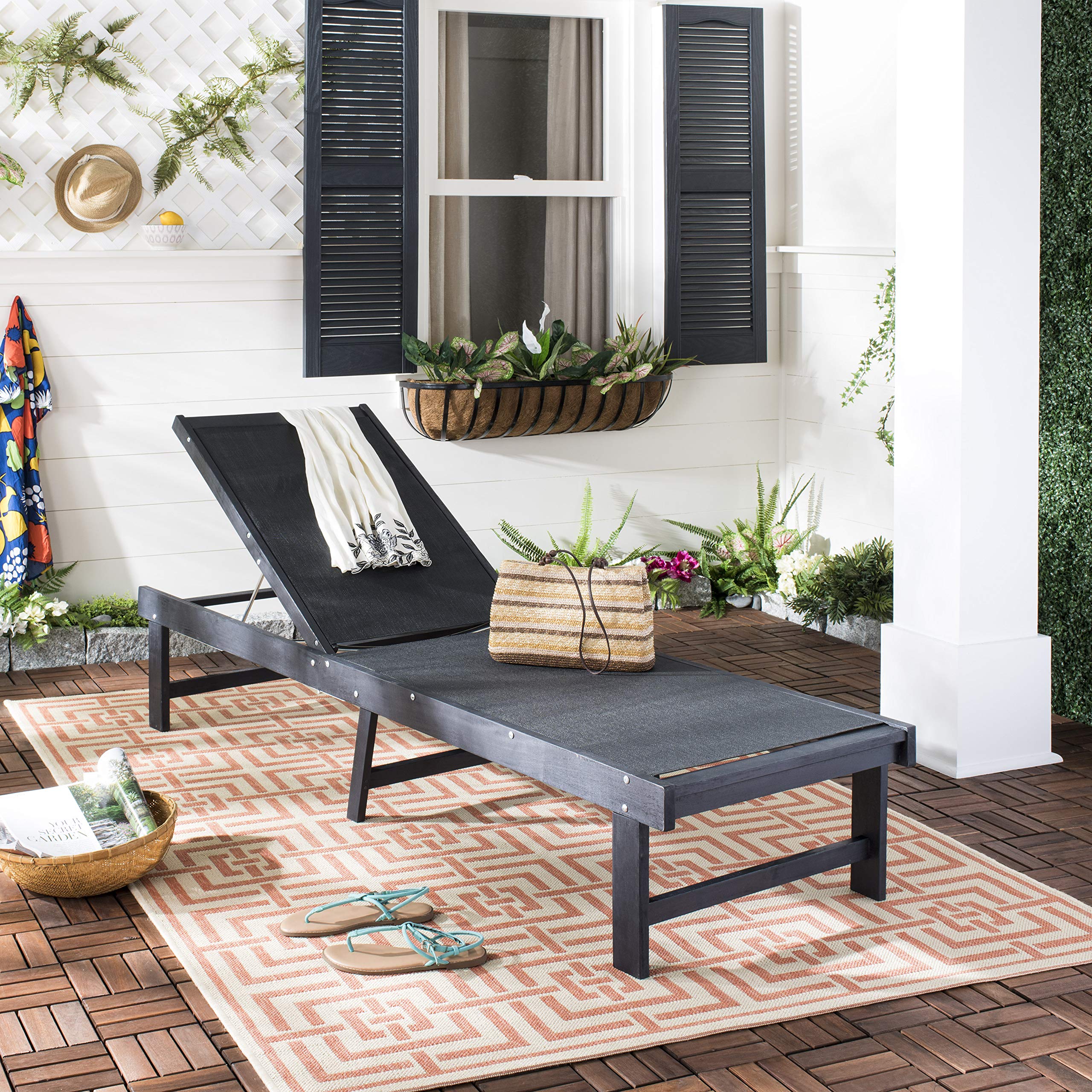 SAFAVIEH Outdoor Collection Manteca Dark Slate Grey Solid Wood/Dark Grey Texline Fabric Adjustable Chaise Lounge Chair (PAT6708K
