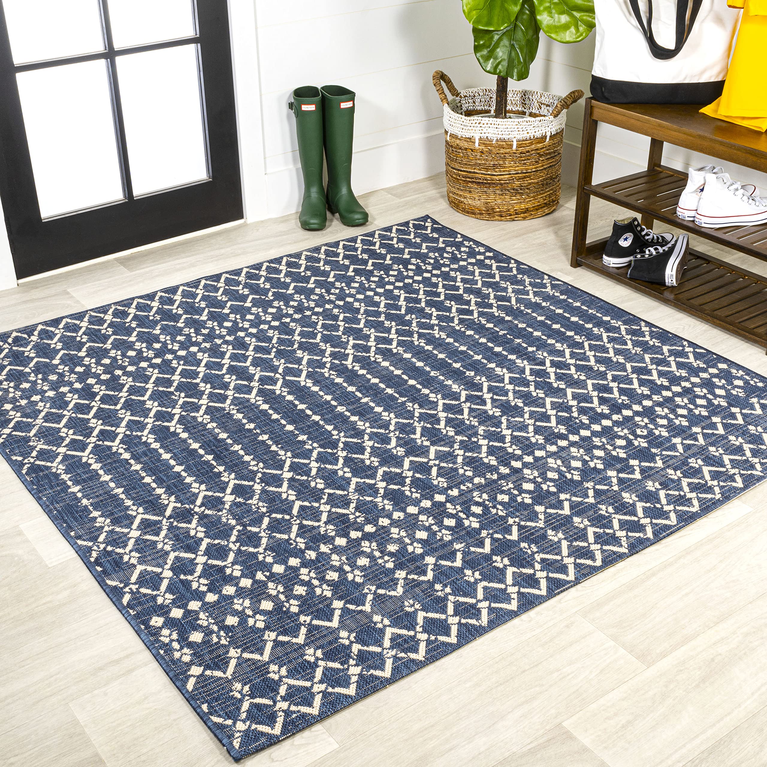 JONATHAN Y SMB108K-8SQ Ourika Moroccan Geometric Textured Weave Navy/Beige 8 Square Indoor/Outdoor Area Rug, Pet Friendly, Non-