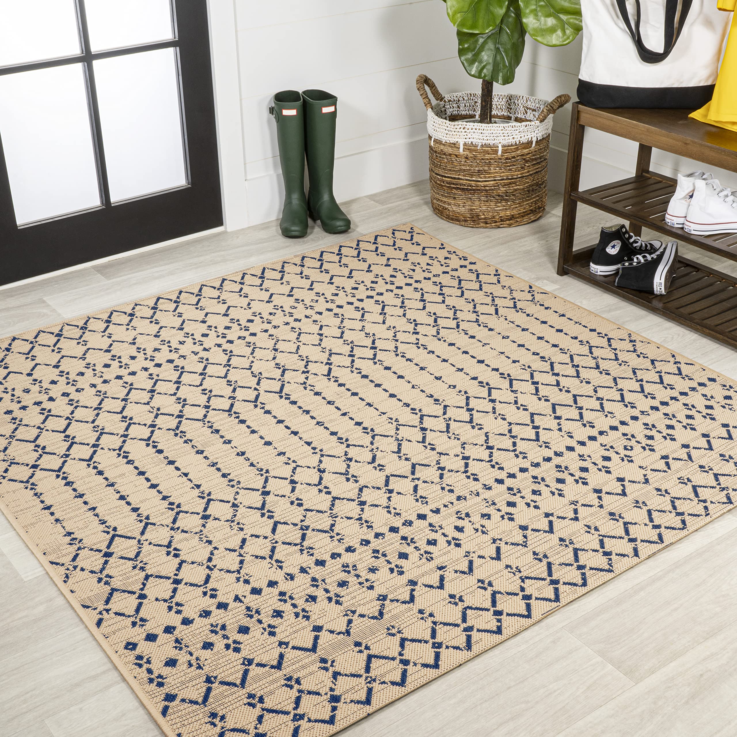 JONATHAN Y SMB108H-8SQ Ourika Moroccan Geometric Textured Weave Beige/Navy 8 Square Indoor/Outdoor Area Rug, Pet Friendly, Non-