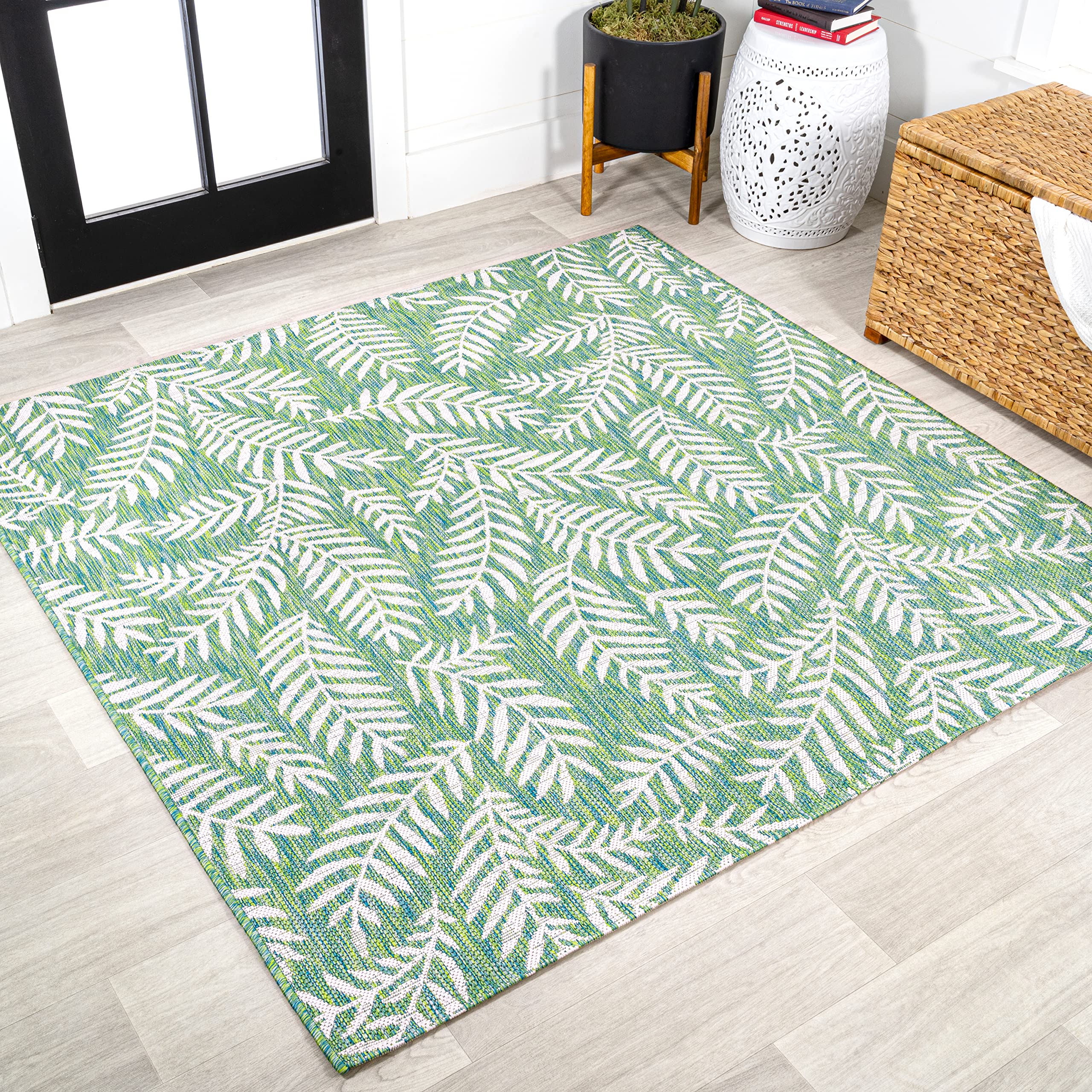 JONATHAN Y SMB119G-5SQ Nevis Palm Frond Indoor Outdoor Area Rug, Coastal Casual Country & Floral Easy Cleaning,Bedroom,Kitchen,B
