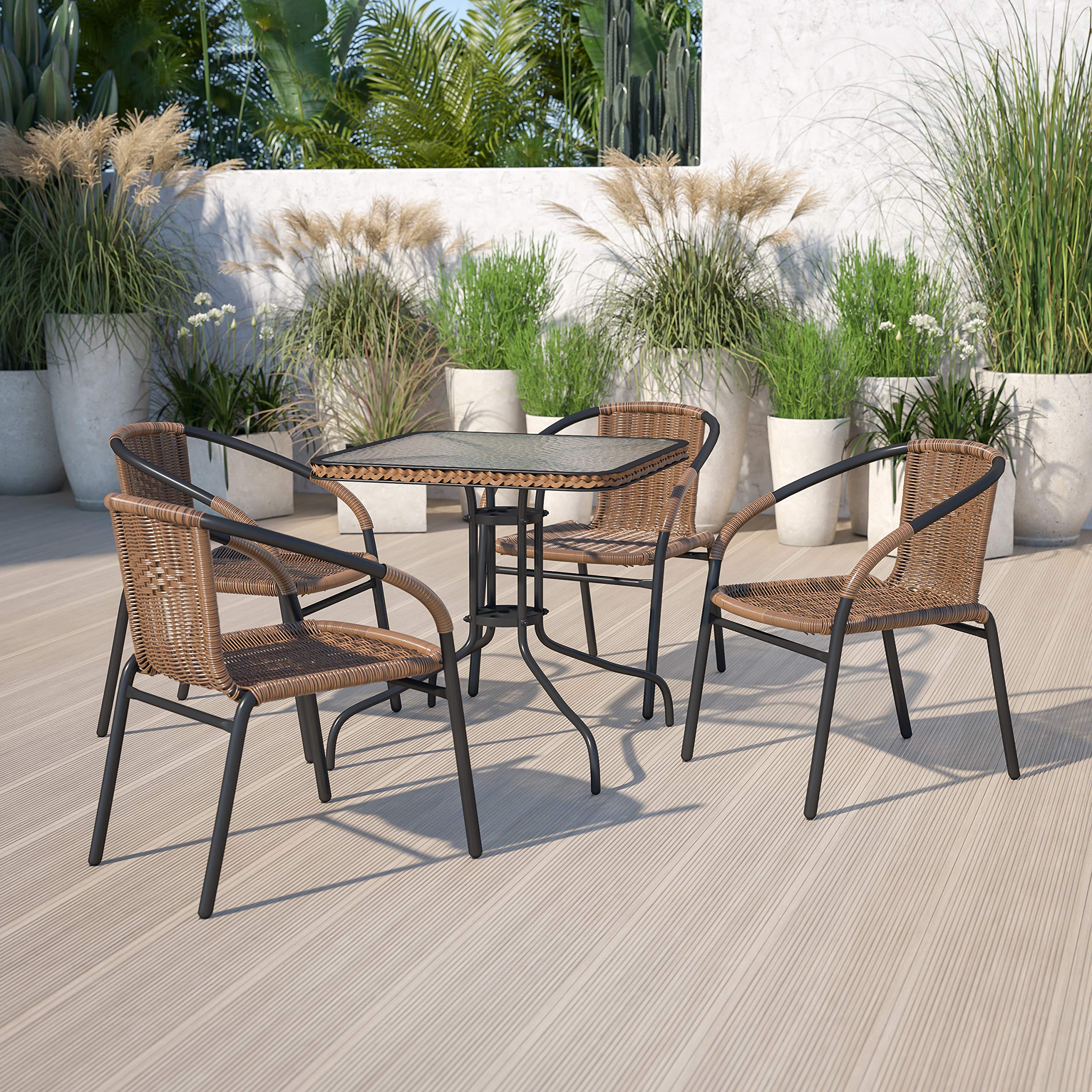 EMMA + OLIVER 4 Pack Medium Brown Rattan Indoor-Outdoor Restaurant Stack Chair
