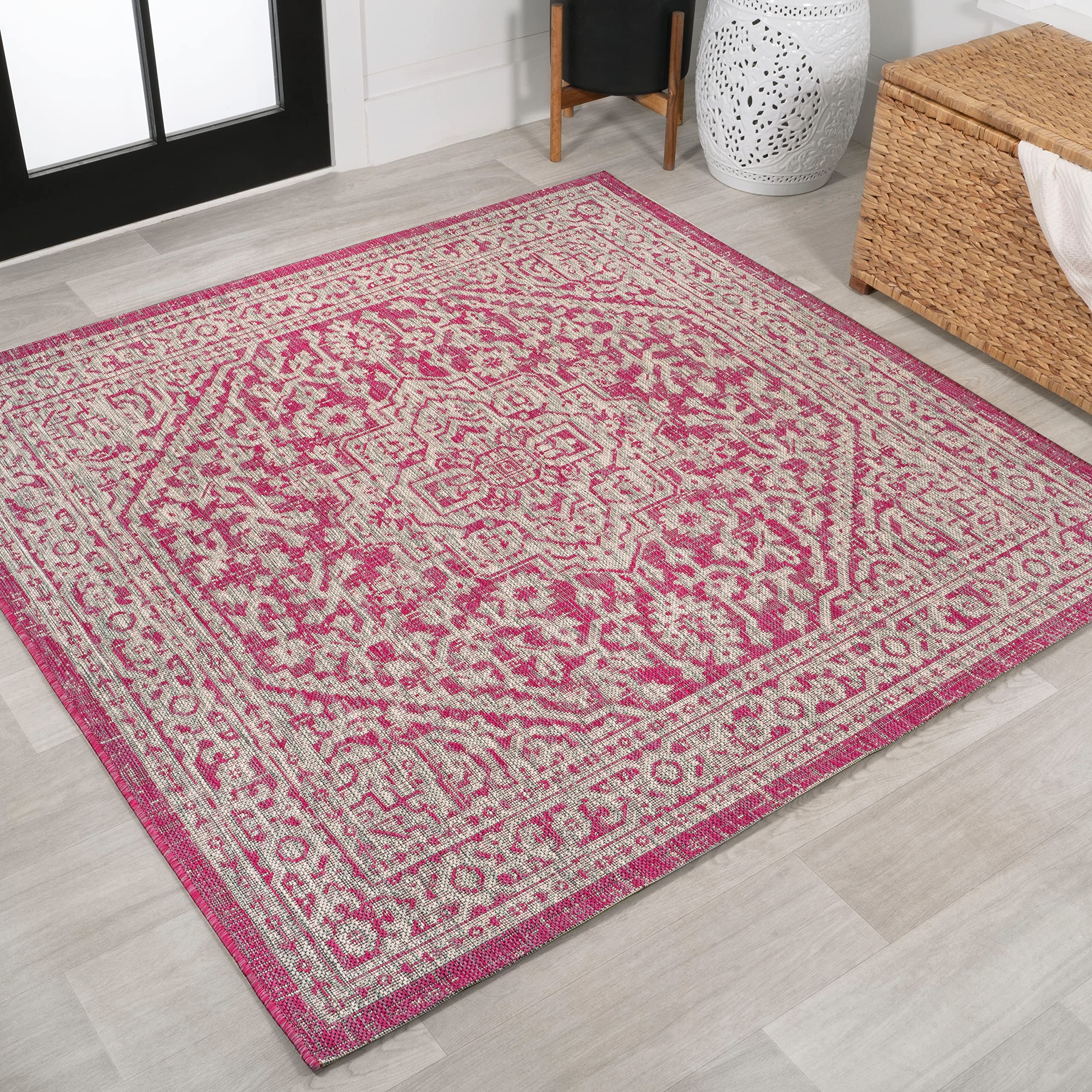 JONATHAN Y Medallion Weave Indoor Outdoor Square Area Rug 5X5 Fuchsia/Light Gray, Sinjuri Textured for Backyard, Patio, Porch, E