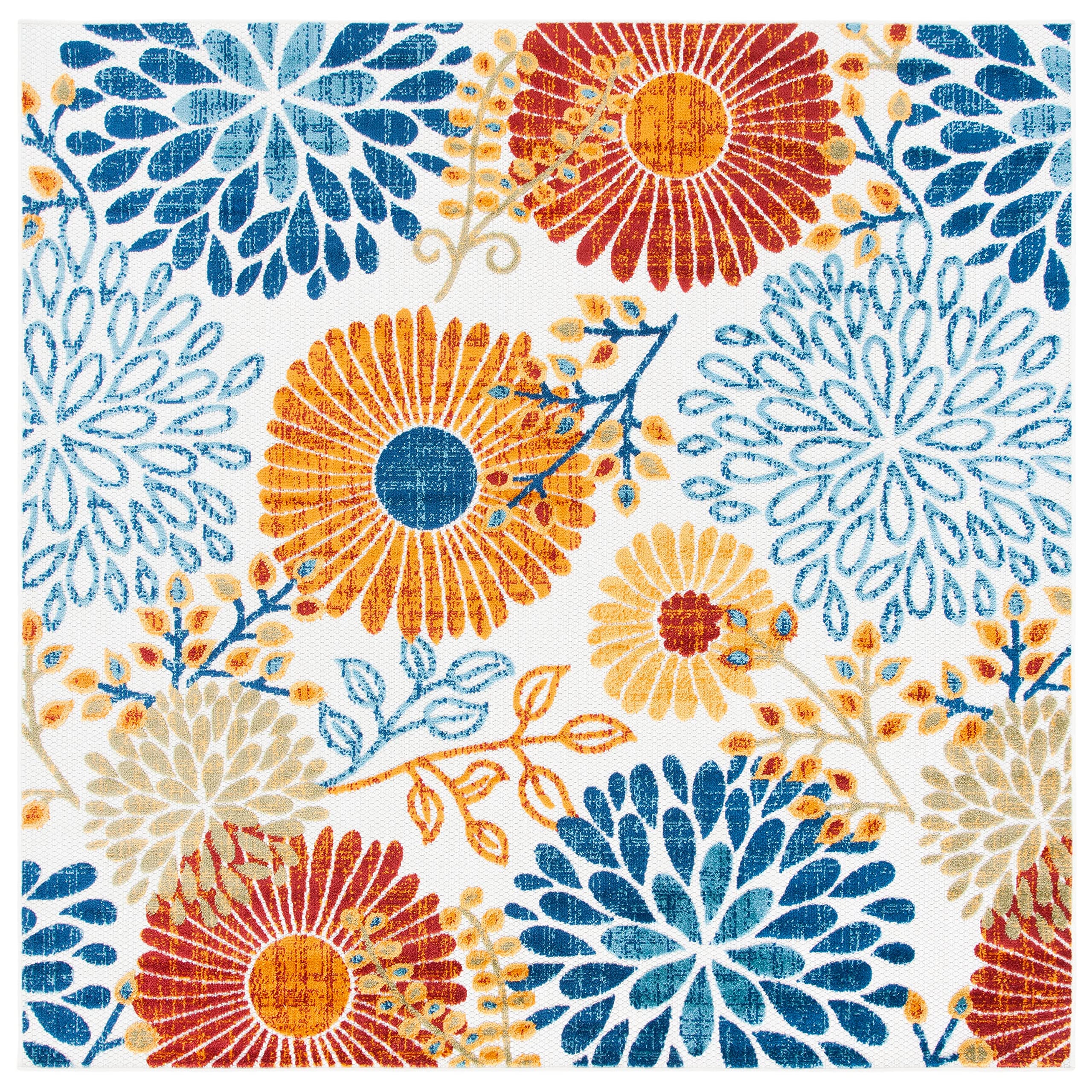 SAFAVIEH Cabana Collection Area Rug - 67 Square, Creme & Red, Floral Design, Non-Shedding & Easy Care, Indoor/Outdoor & Washabl