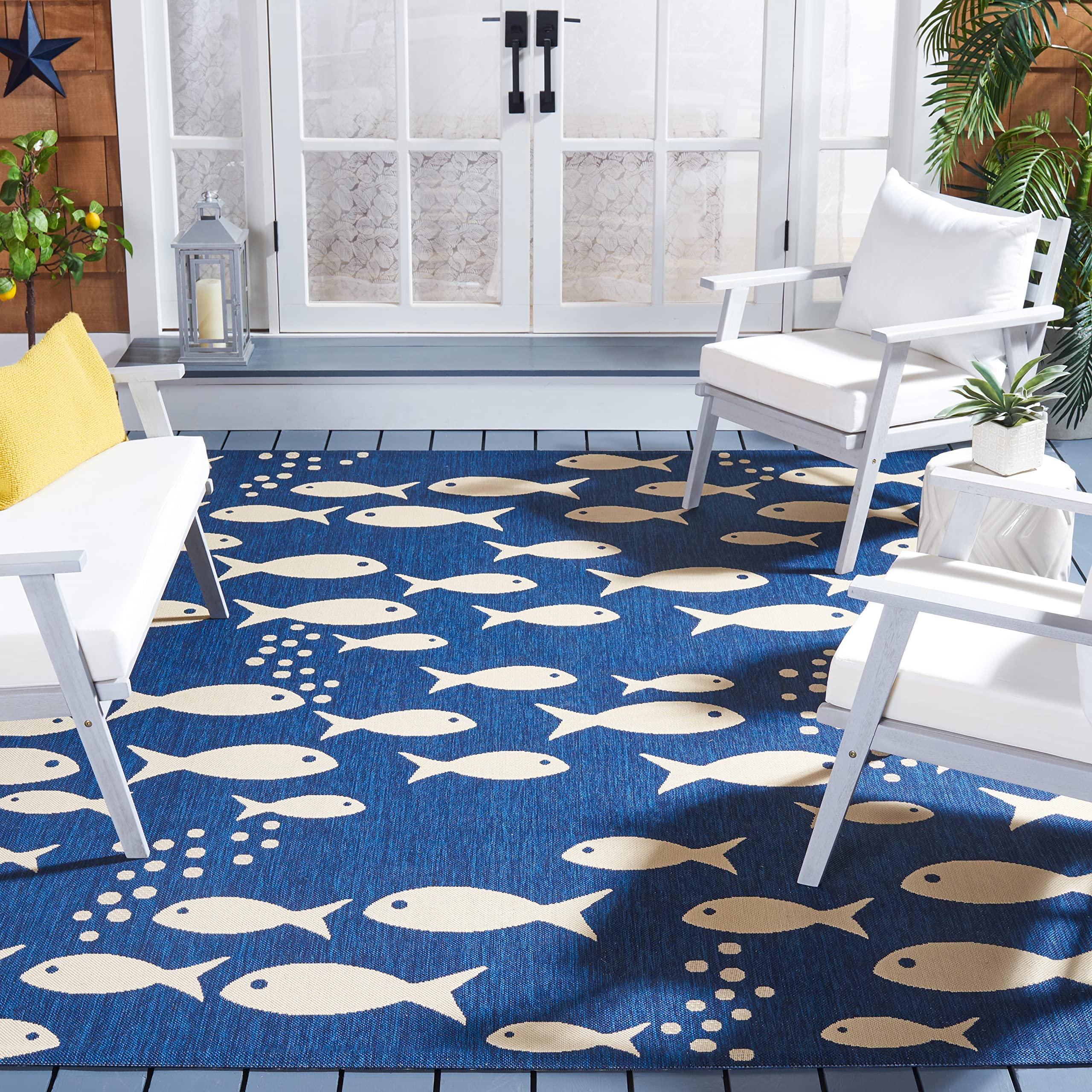 Safavieh Courtyard Collection 71 Square Navy/Beige CY6012 Indoor/Outdoor Waterproof Easy Cleaning Patio Backyard Mudroom Area R