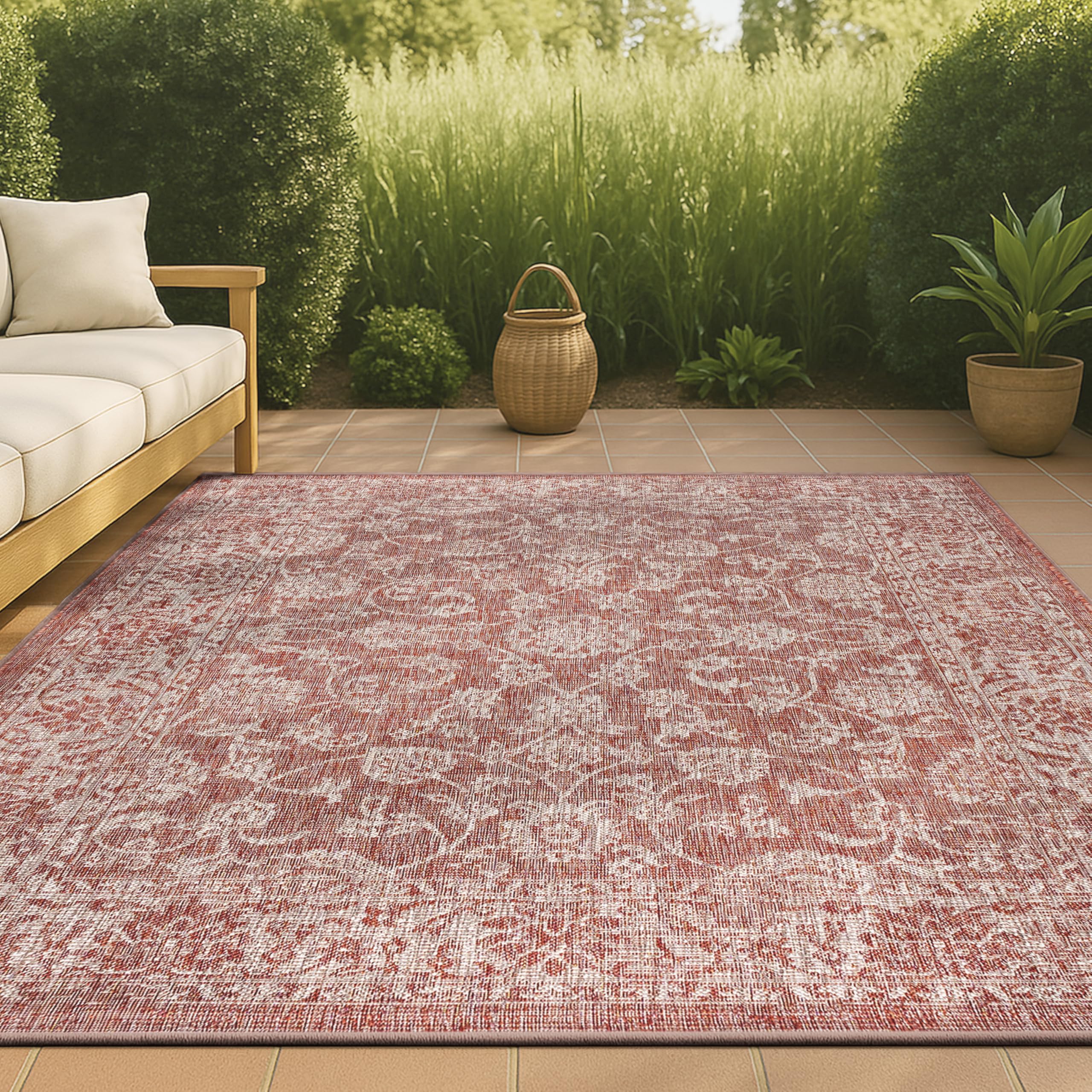 JONATHAN Y Weave Floral Indoor Outdoor Area Rug 8X10 Red/Taupe, Tela Bohemian Textured for Backyard, Patio, Porch, Easy-Cleaning
