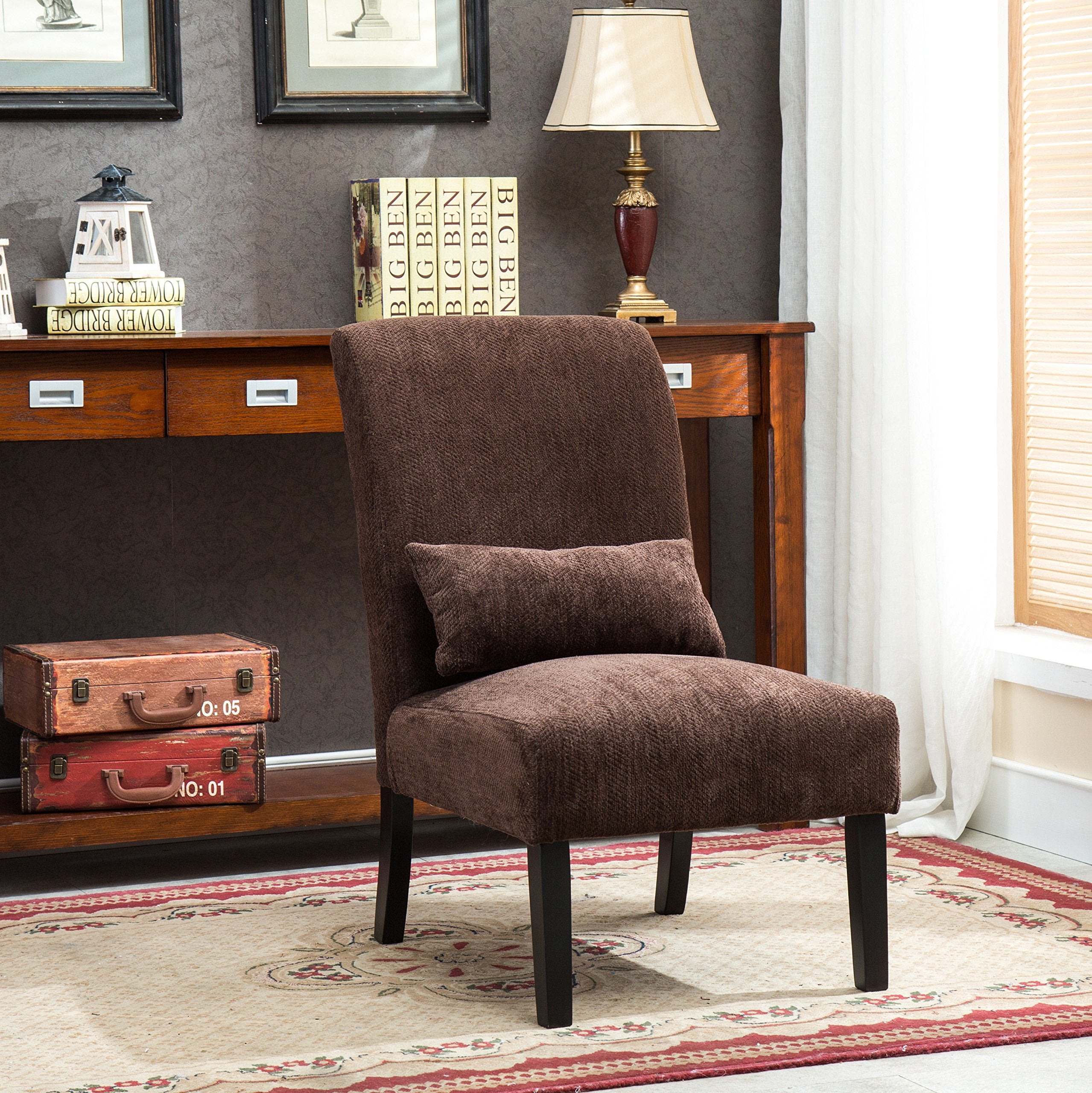 Roundhill Furniture Chocolate Pisano Chenille Fabric Armless Contemporary Accent Chair with Matching Kidney Pillow