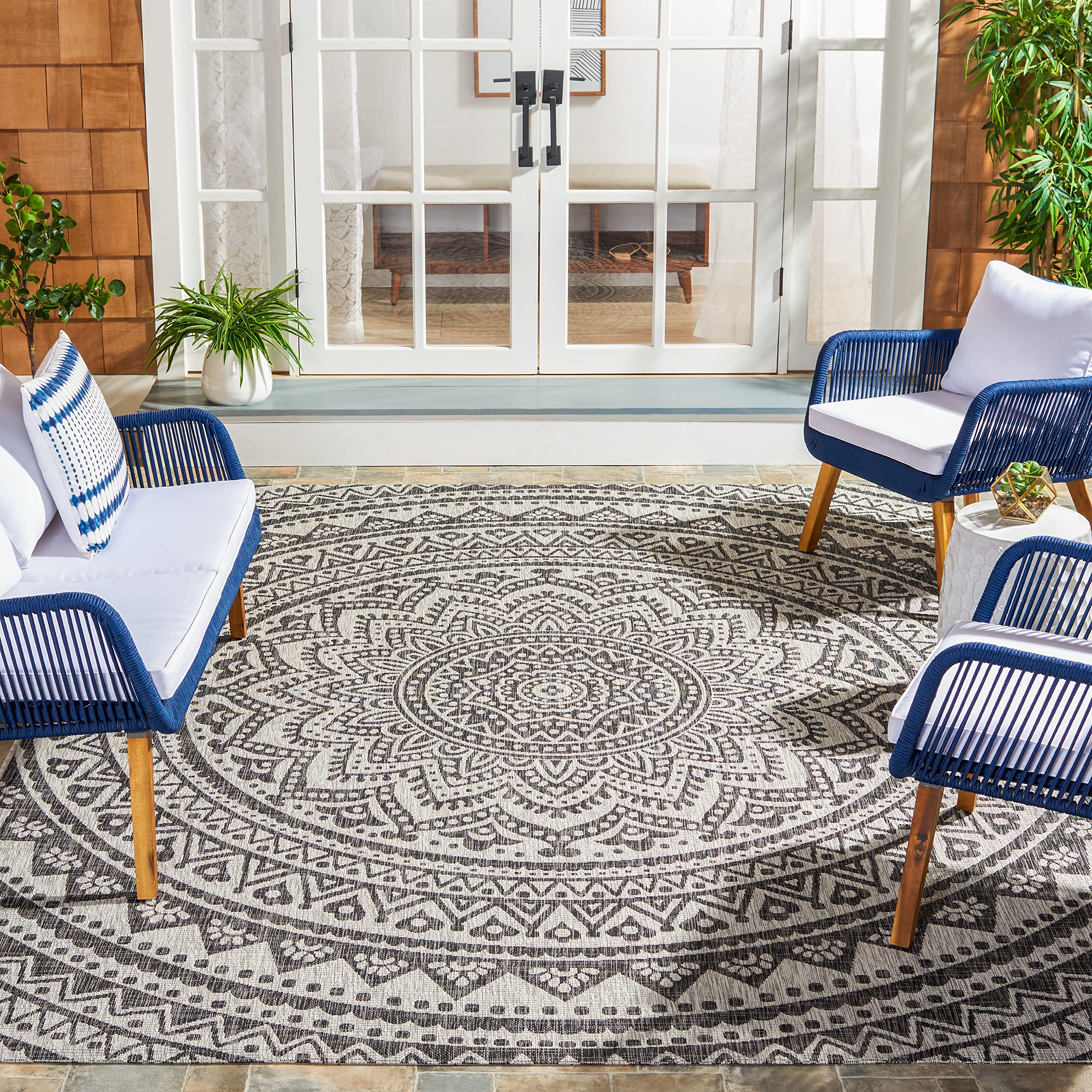 SAFAVIEH Courtyard Collection Area Rug - 9 x 12, Light Grey & Black, Non-Shedding & Easy Care, Indoor/Outdoor & Washable-Ideal