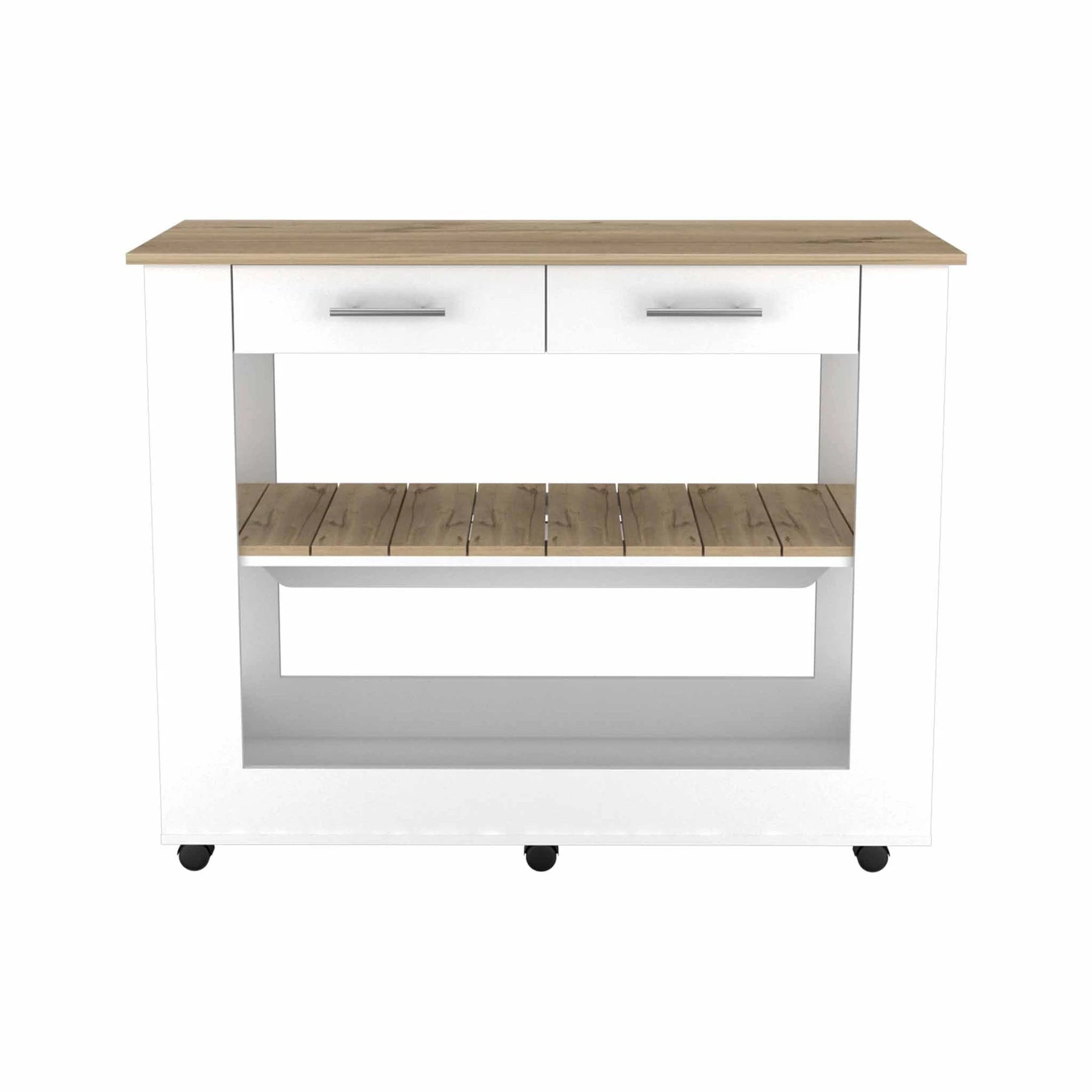 TUHOME Cala Kitchen Island 46, Countertop Table, Six Caster Wheels, Two Drawers, Lower Open Shelf-White/Light Oak, For Kitchen R