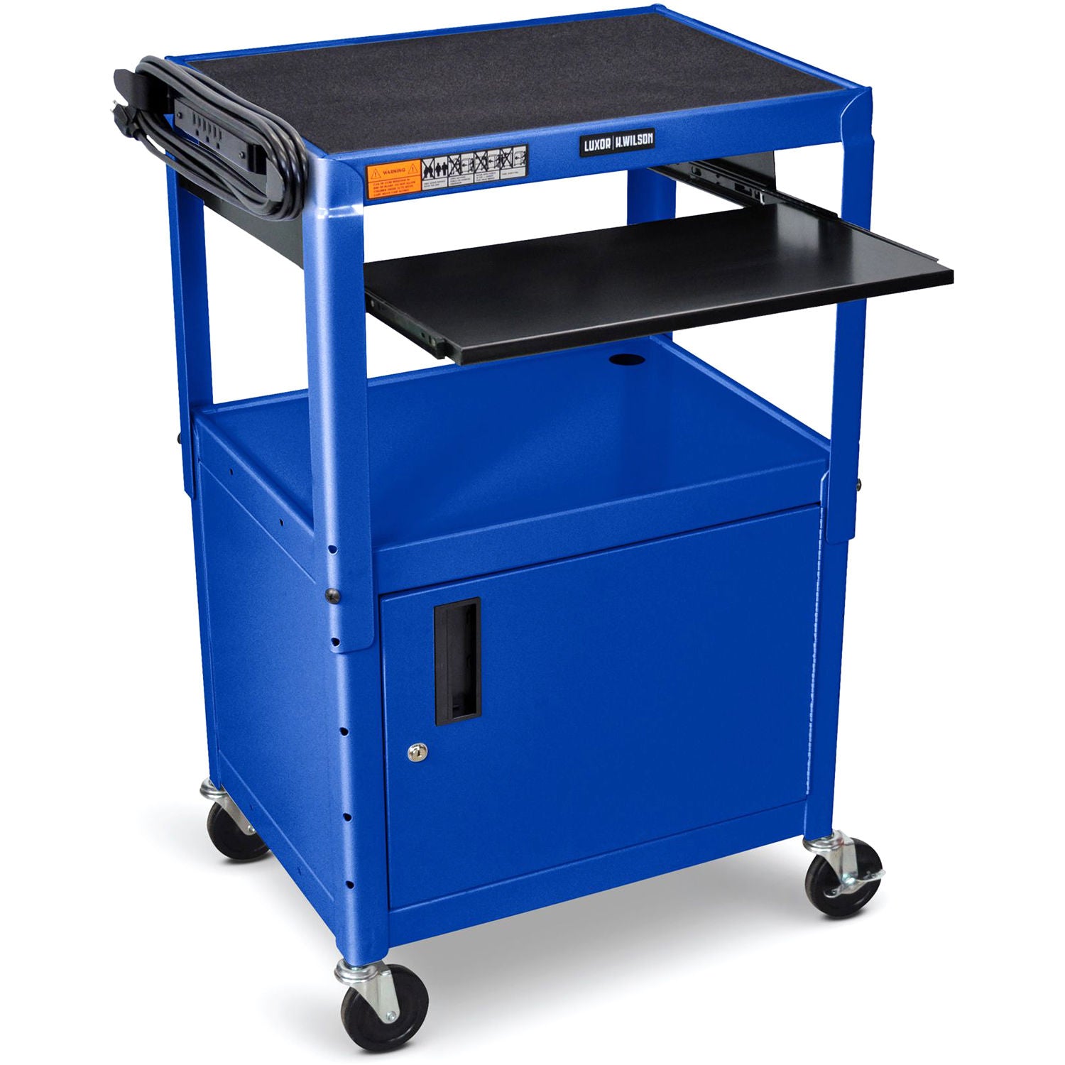 Luxor Adjustable Height Blue Metal A/V Cart w/ Pullout Keyboard Tray and Cabinet