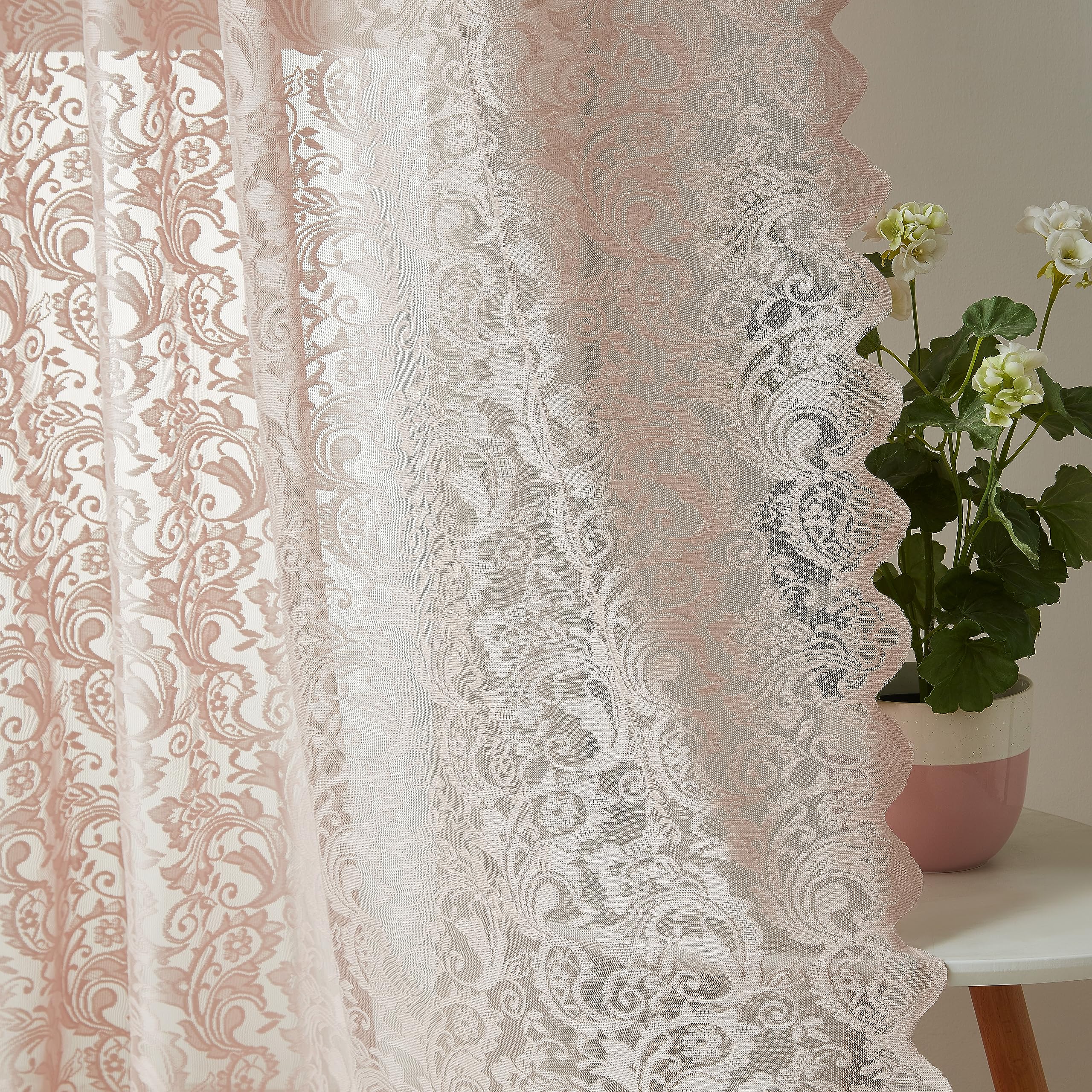 Bujasso Pink Sheer Lace Curtains 63 inch Vintage Floral Sheer Window Curtain Panels for Living Room Girls Bedroom Scalloped Ligh