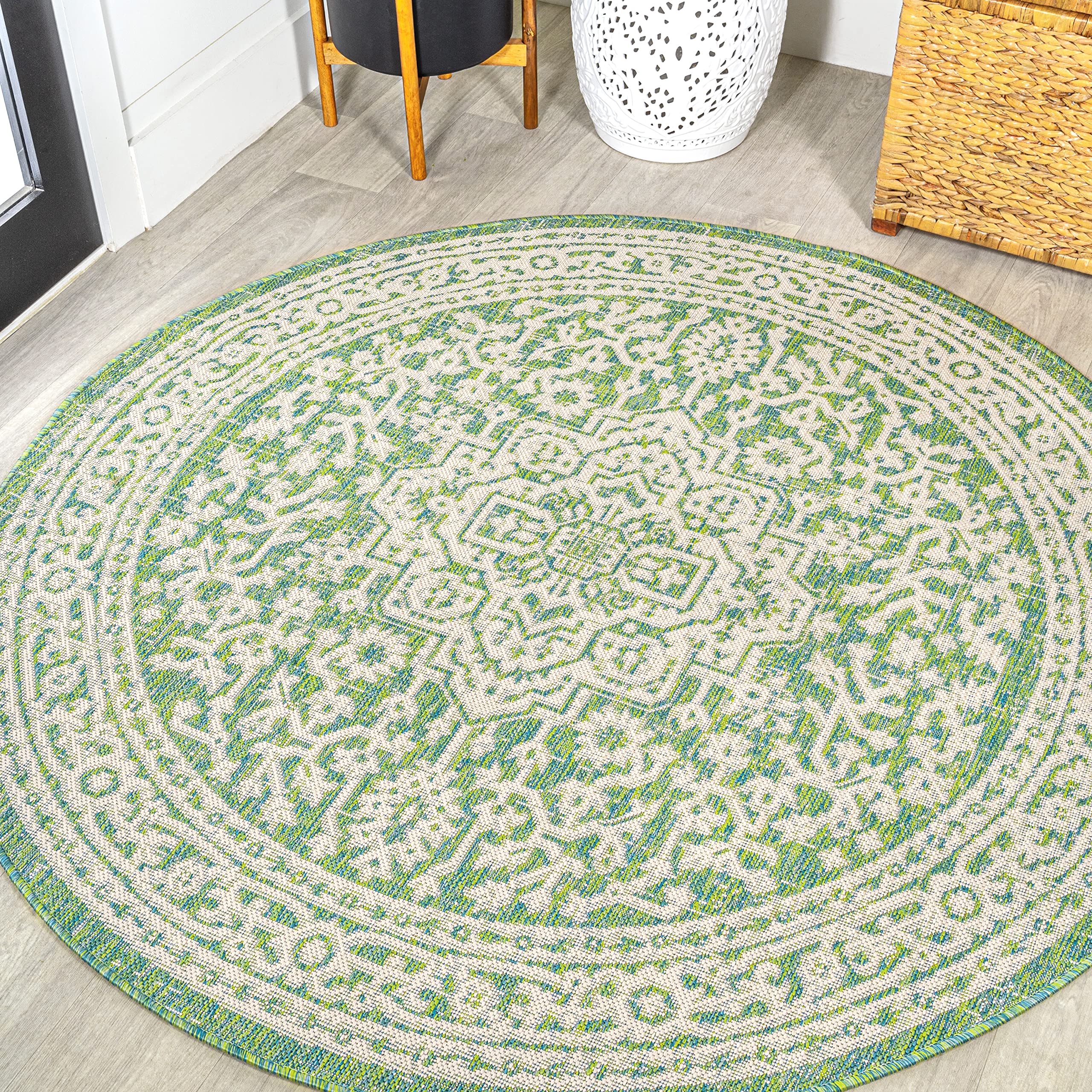 JONATHAN Y Medallion Weave Indoor Outdoor Round Area Rug 5 Ft Cream/Green, Sinjuri Textured for Backyard, Patio, Porch, Easy-Cle