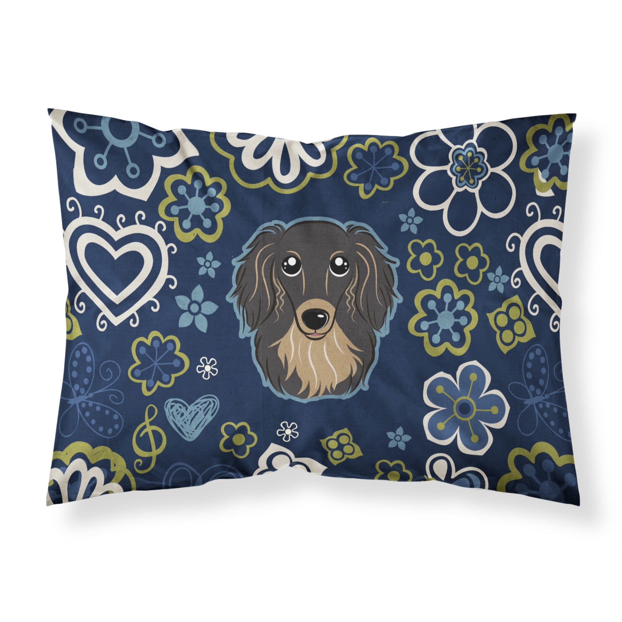 Blue Flowers Longhair Black and Tan Dachshund Fabric Standard Pillowcase