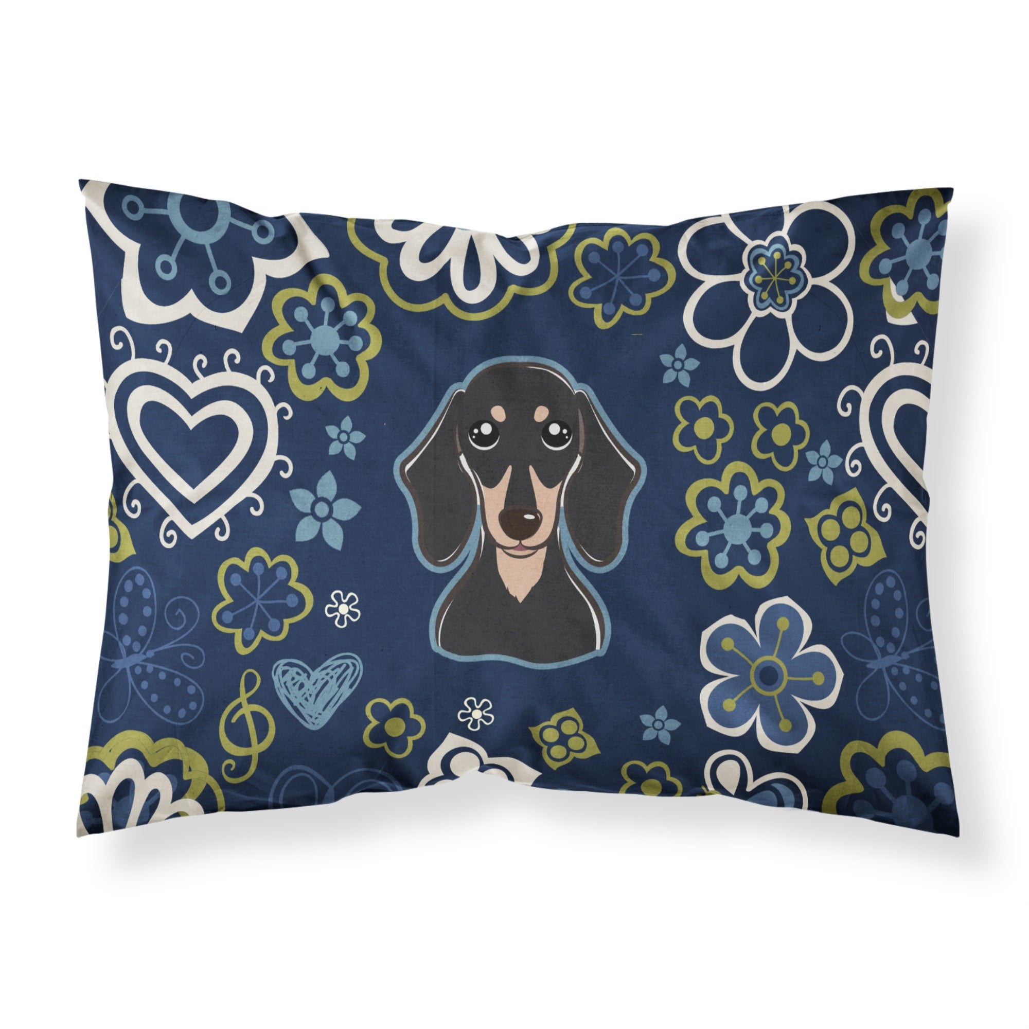 Blue Flowers Smooth Black and Tan Dachshund Fabric Standard Pillowcase