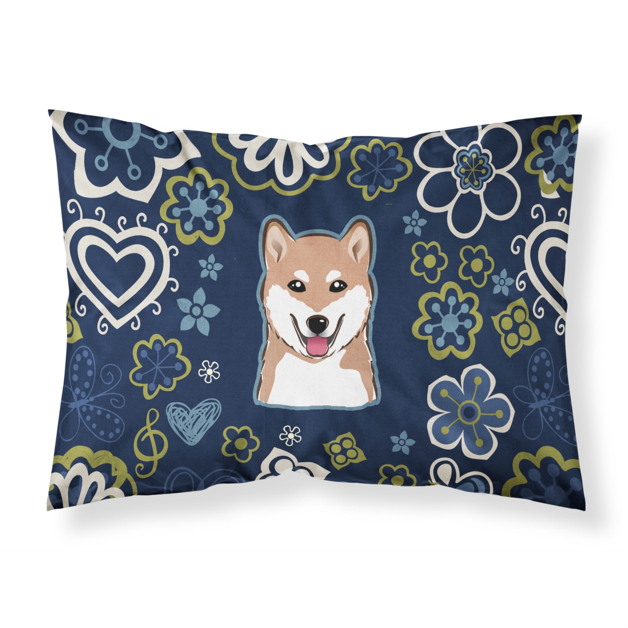 Blue Flowers Shiba Inu Fabric Standard Pillowcase