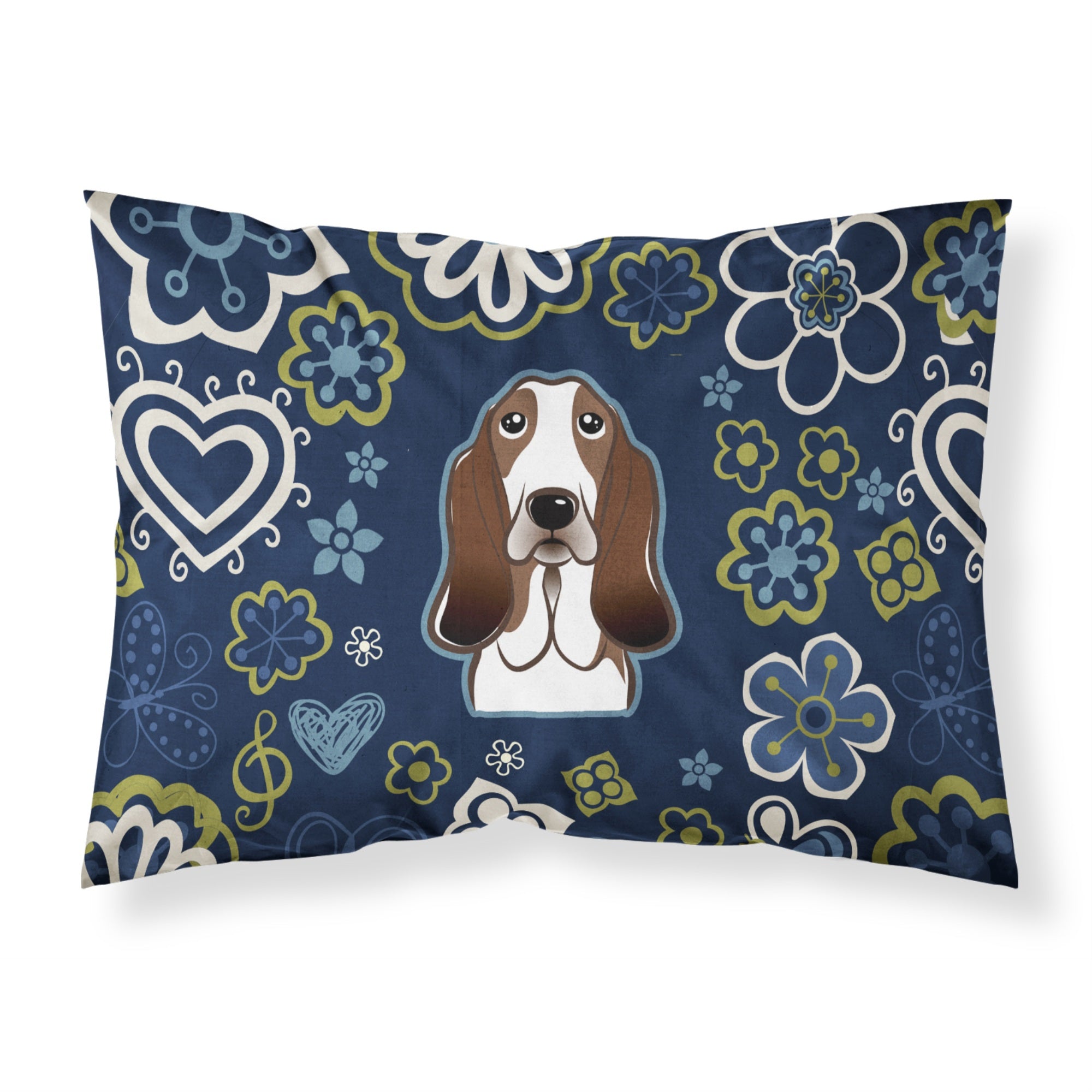 Blue Flowers Basset Hound Fabric Standard Pillowcase
