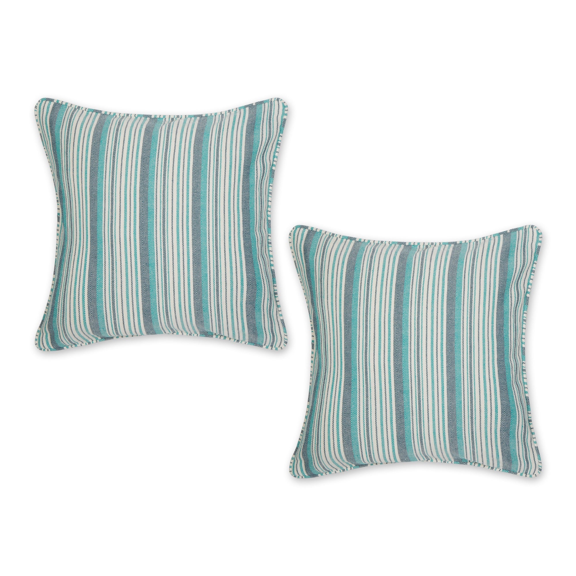 TEAL HERRINGBONE STRIPE RECYCLED COTTON PILLOW COVER 18x18 SET/2