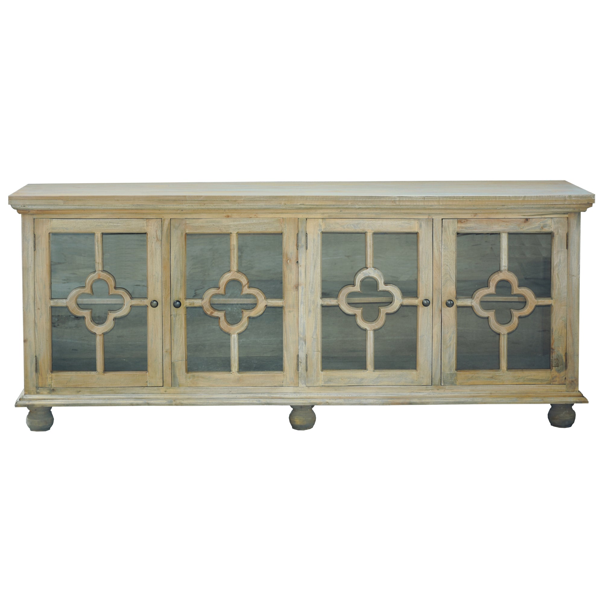 Sunset Trading Cottage 87 Clover Glass Door Credenza | Driftwood Brown Solid Wood Display Cabinet | Fully Assembled Sideboard