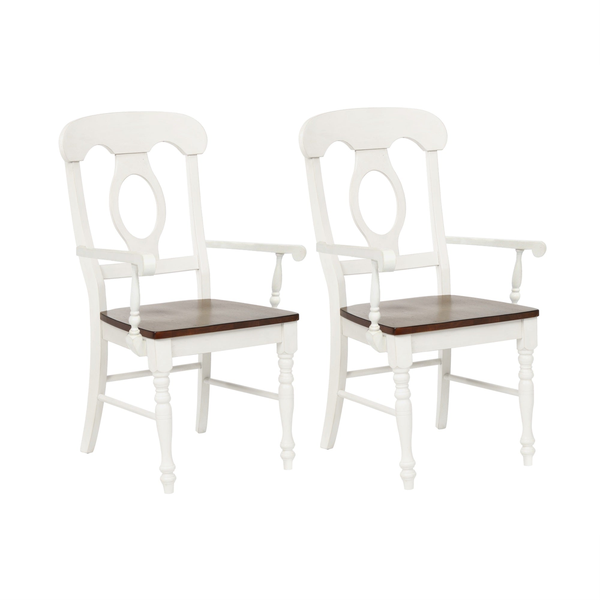 Sunset Trading Andrews Napoleon Dining Chair with Arms | Antique White with Chestnut Brown Seat | Set of 2