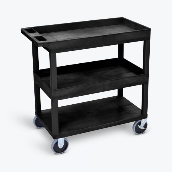 Luxor HD High Capacity 2 Tub and 1 Flat Shelf Cart in Black