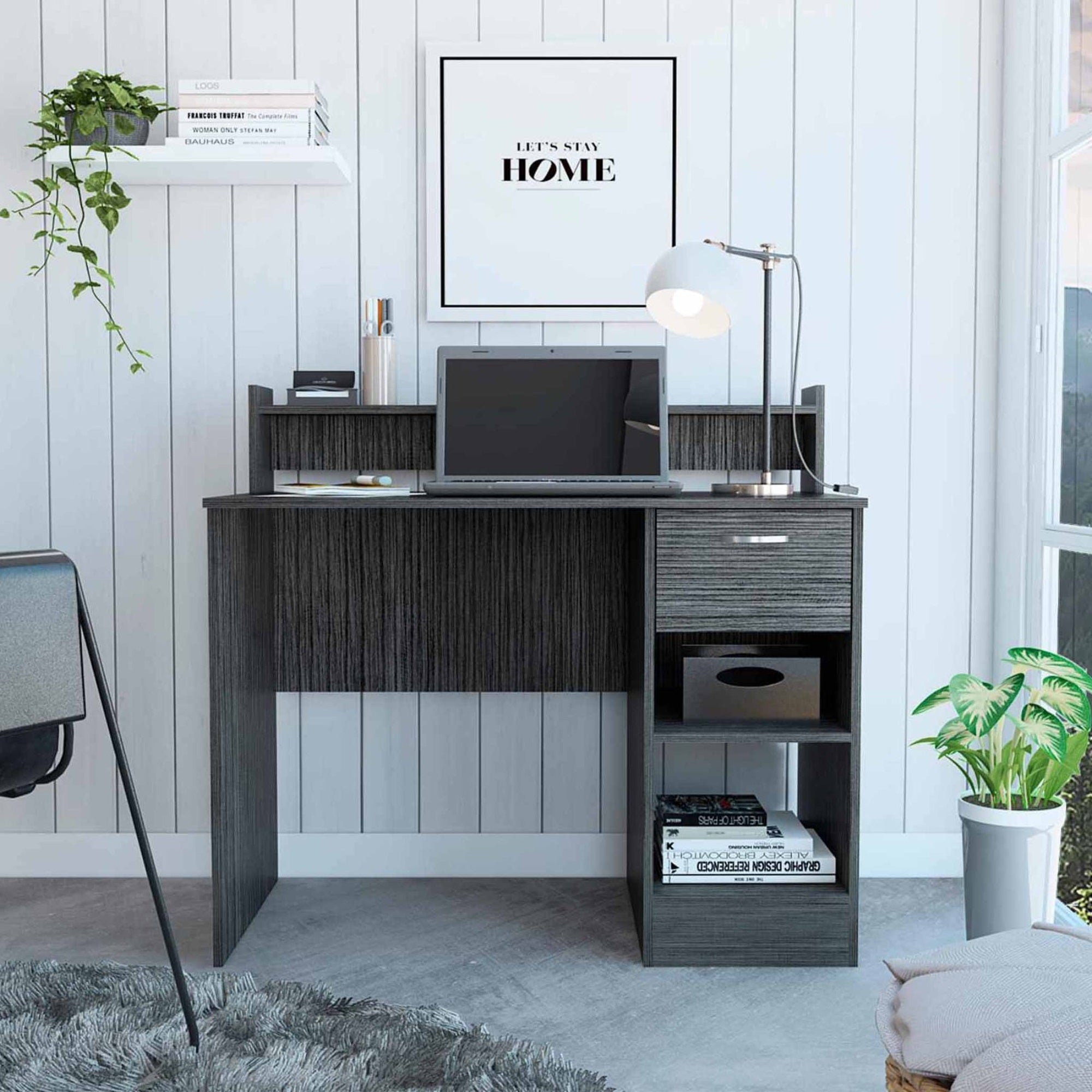 TUHOME Manaos Computer Desk ,Multiple Shelves, Countertop, One Drawer, Grey Oak, For Office
